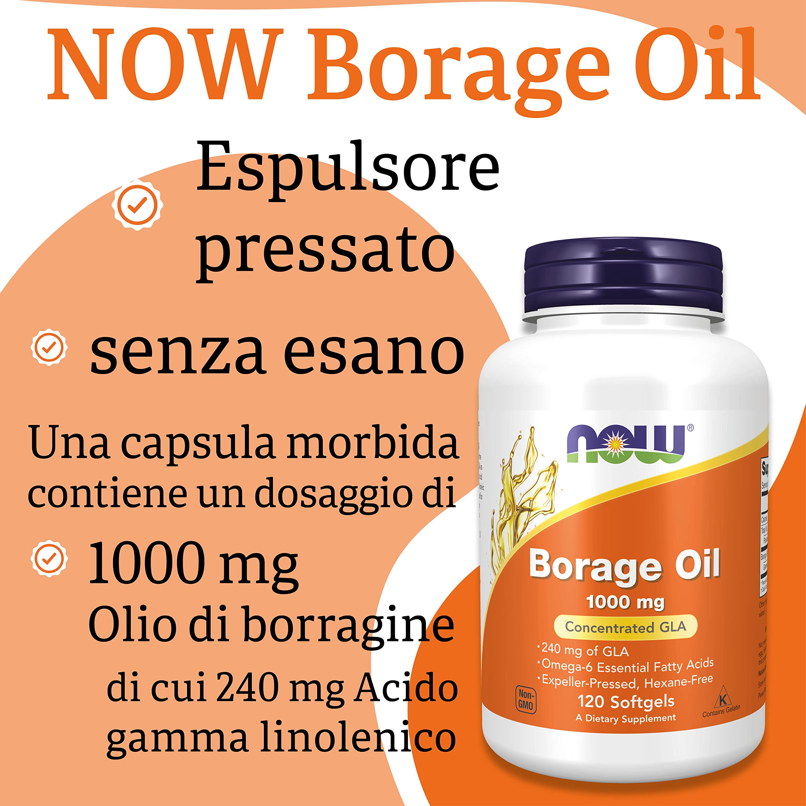 Now Foods Borage Oil (Olio di borragine), 1000mg, 120 Softgels, Testato in Laboratorio, Senza Soia, Senza Glutine, Non-GMO