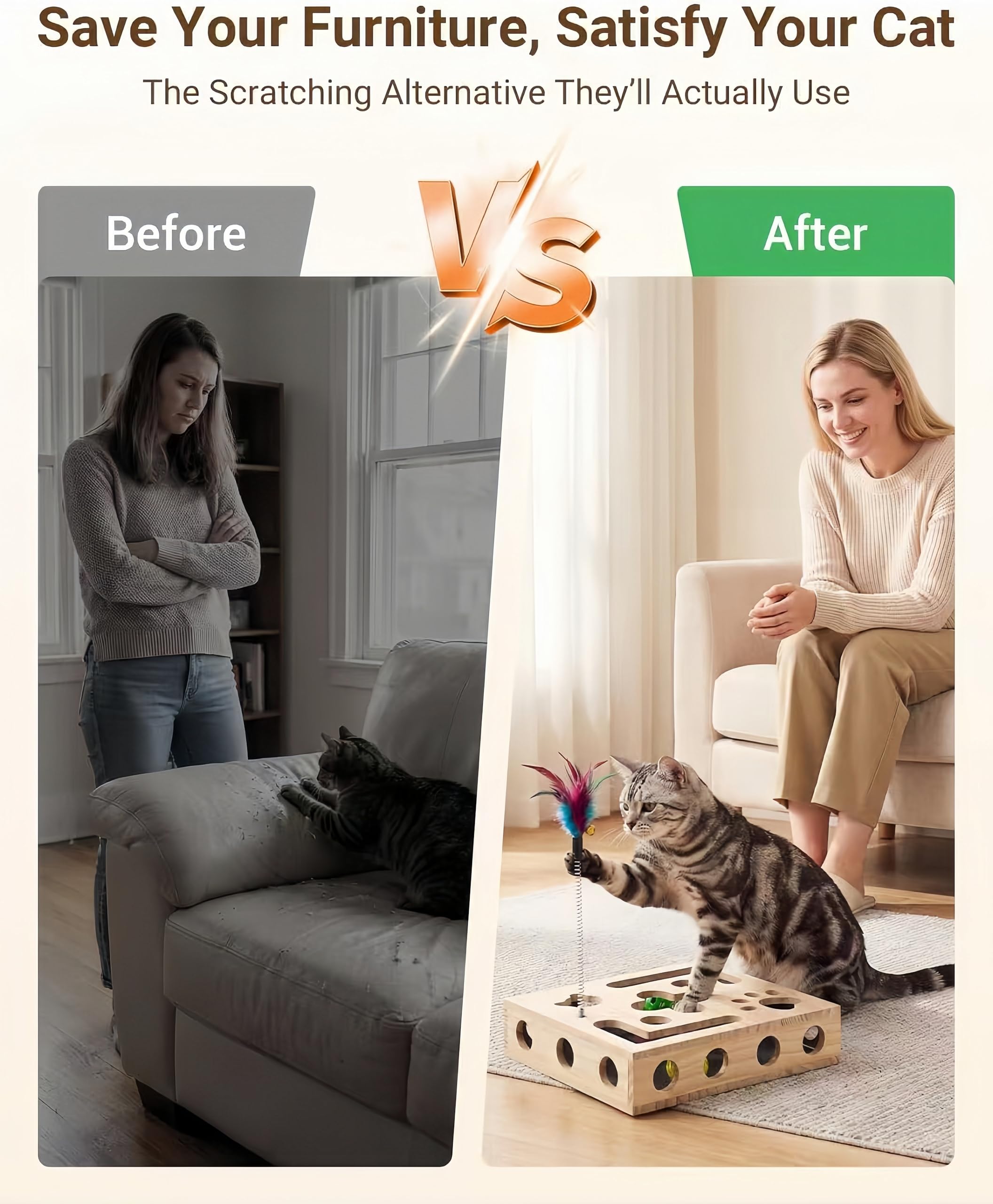 MEIION Pfotenprofis Katzen Beschäftigungsbox aus Holz mit Sandpapier und 3 Klingelbällen, interaktive Kratzkiste für Indoor Katzen, schützt Möbel und ideales Katzenspielzeug für Kätzchen