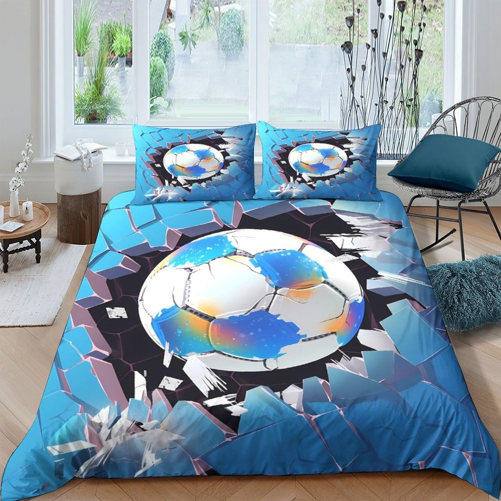 GPLZQXKJNH 3D Printed Soccer Ball Duvet Cover Set Microfiber Blue Sports Bedding with 2 Pillowcases for Bedroom Decor Single（135x200cm）
