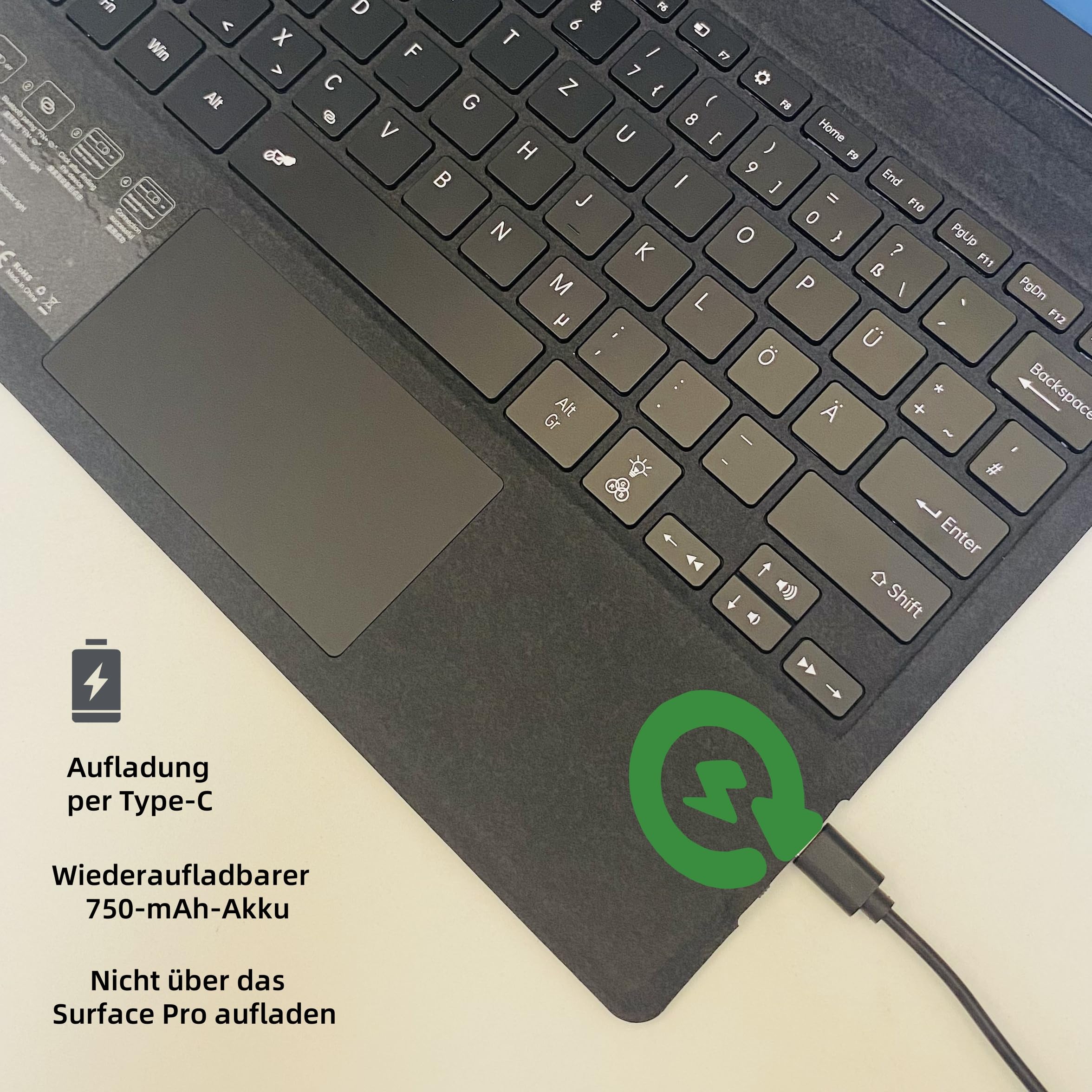 Deutsche QWERTZ Layout Tastatur für Microsoft Surface Pro 11/10 / 9/8 / X, 13 Zoll - Ultraflaches, beleuchtetes Bluetooth Type Cover mit Multi-Touchpad, aufladbar (Schwarz)