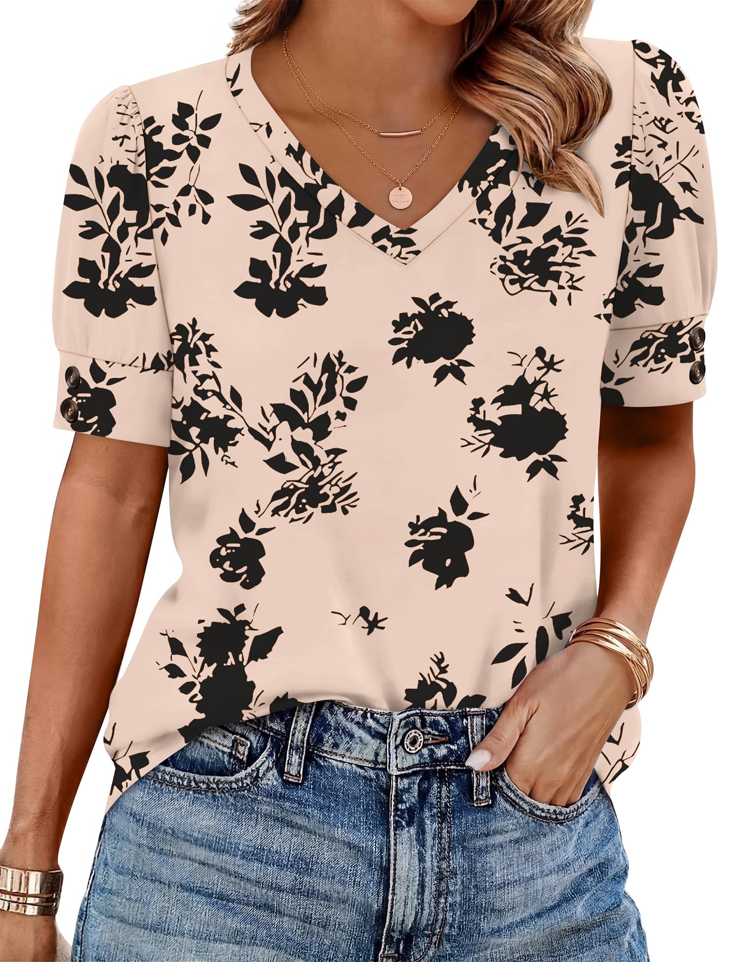 Rapbin Bluse Damen V-Ausschnitt Kurzarm Top Tunika Locker Sommer Elegant Casual Oberteile Ärmel mit Knöpfen