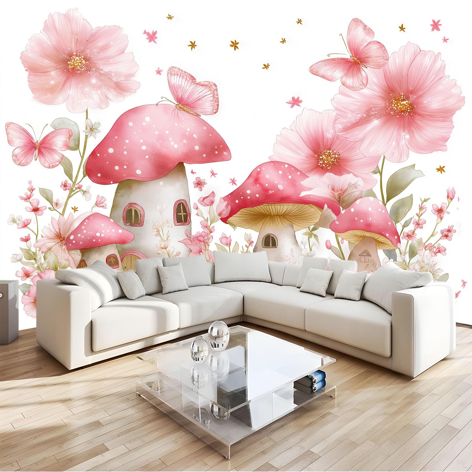 Tapeta dziecięca Kreskówka Kwiaty Mural Motyl Grzyb Domek 250 x 175 cm Włóknina Fototapety Dla Chłopca Dziewczyny-Nowoczesna Różowa Dekoracja Ścienna Do Salonu Sypialni