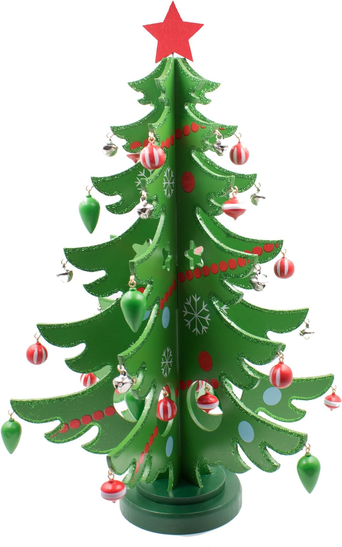 Mini Tabletop Wooden Christmas Tree with Decorations, 14 Inches (Green)