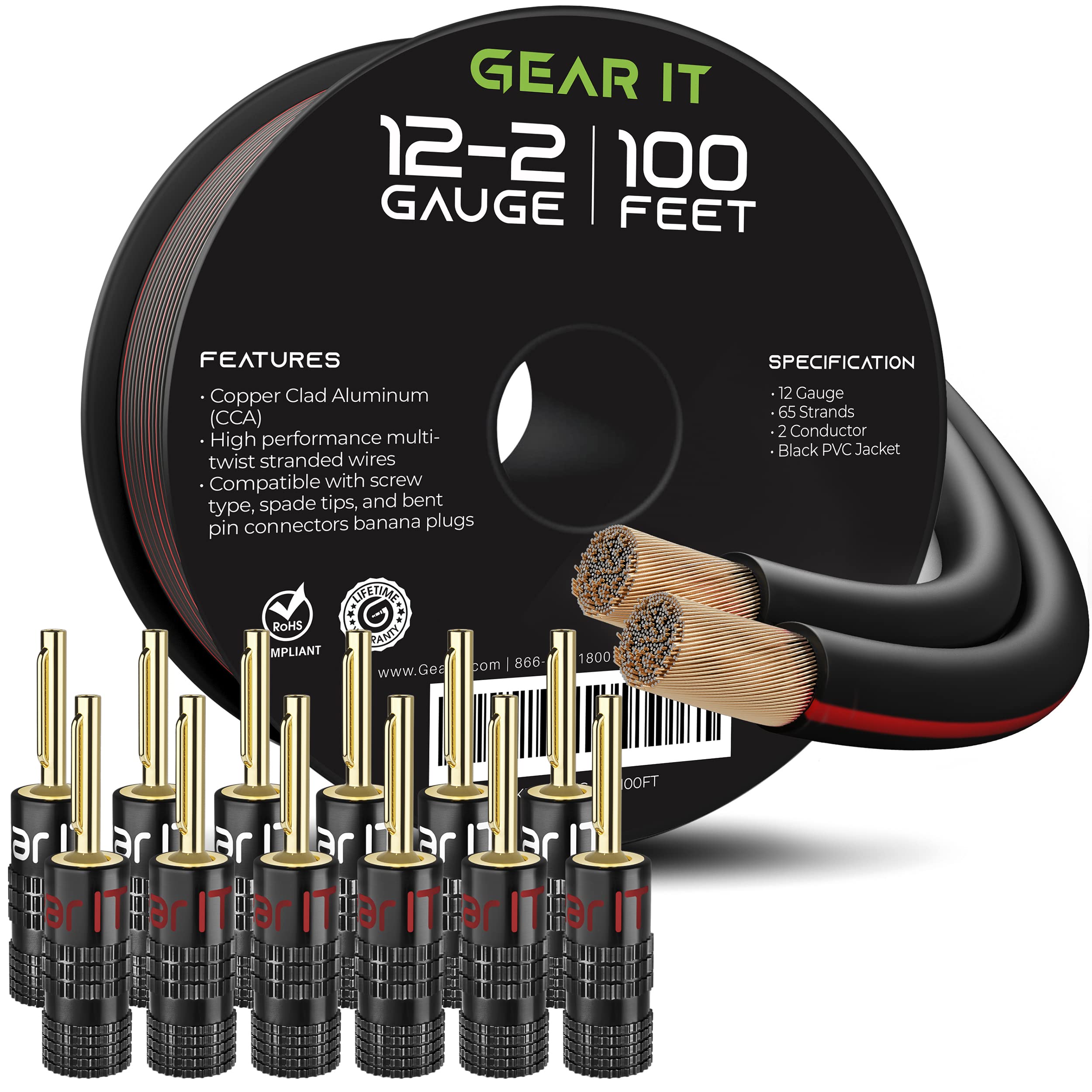 GEARit 12 Gauge Speaker Wire 100FT, 12/2 CCA Cable with 12 Banana Plugs