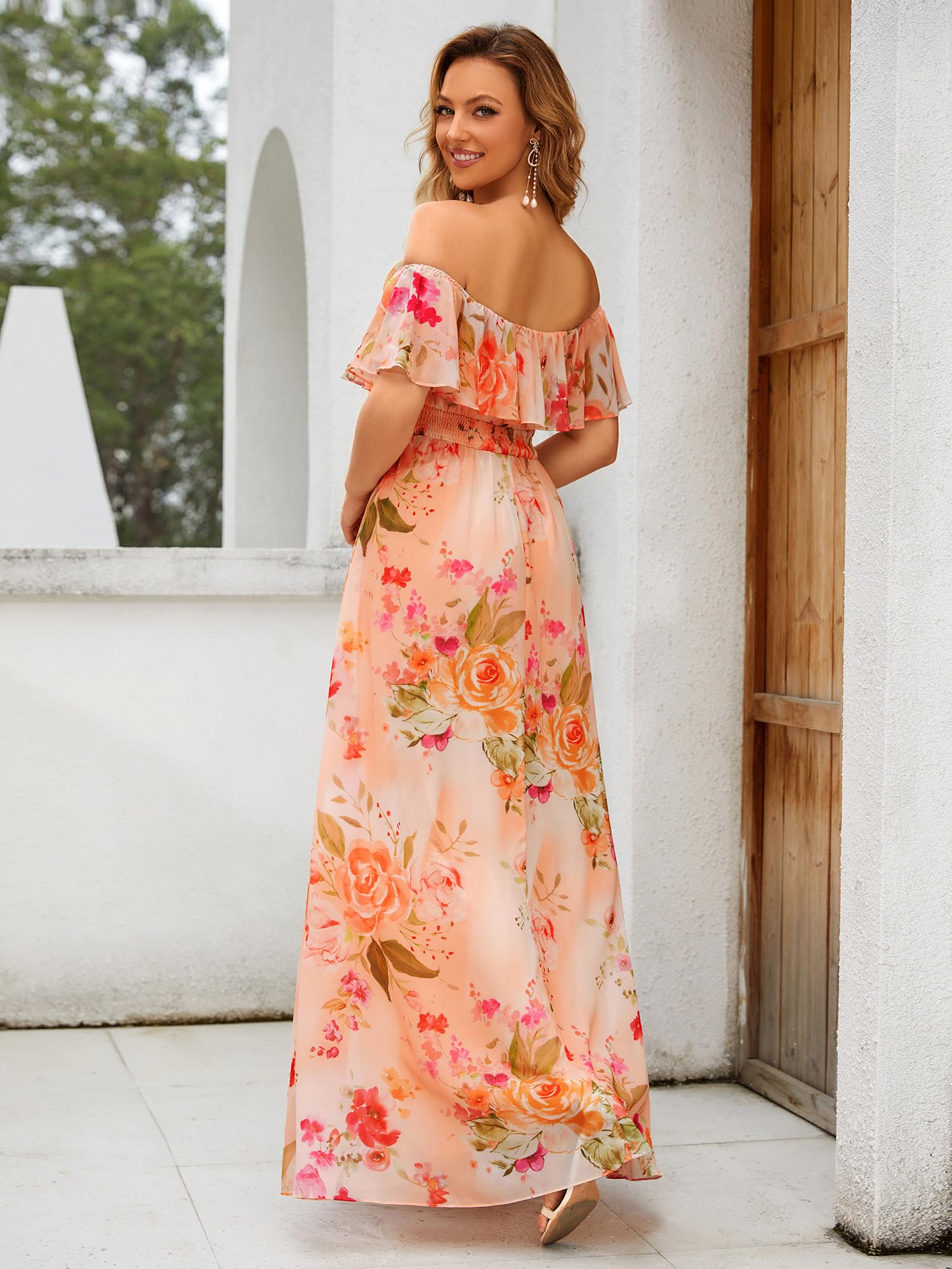 Ever-Pretty Damen Abendkleid A-Linie Chiffon Off Shoulder Dekolletiert Ärmellos Rüschen Hohe Taille 00969