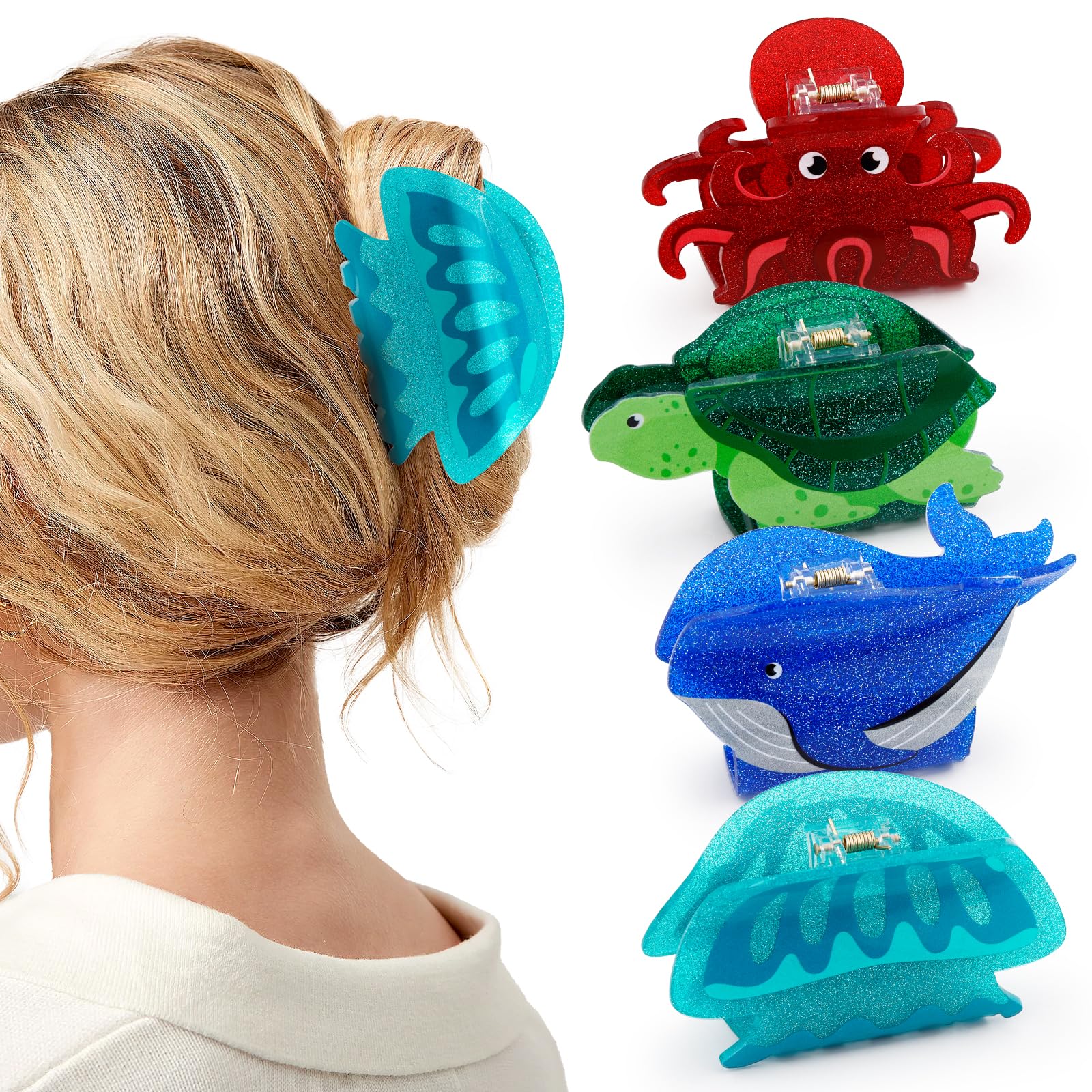 4PCS Sea Animals Hair Clips for Women Girls Large Ocean Hair Claw Marine Life Under the Sea Turtle Whale Octopus Jellyfish Beach Hair Accessories with