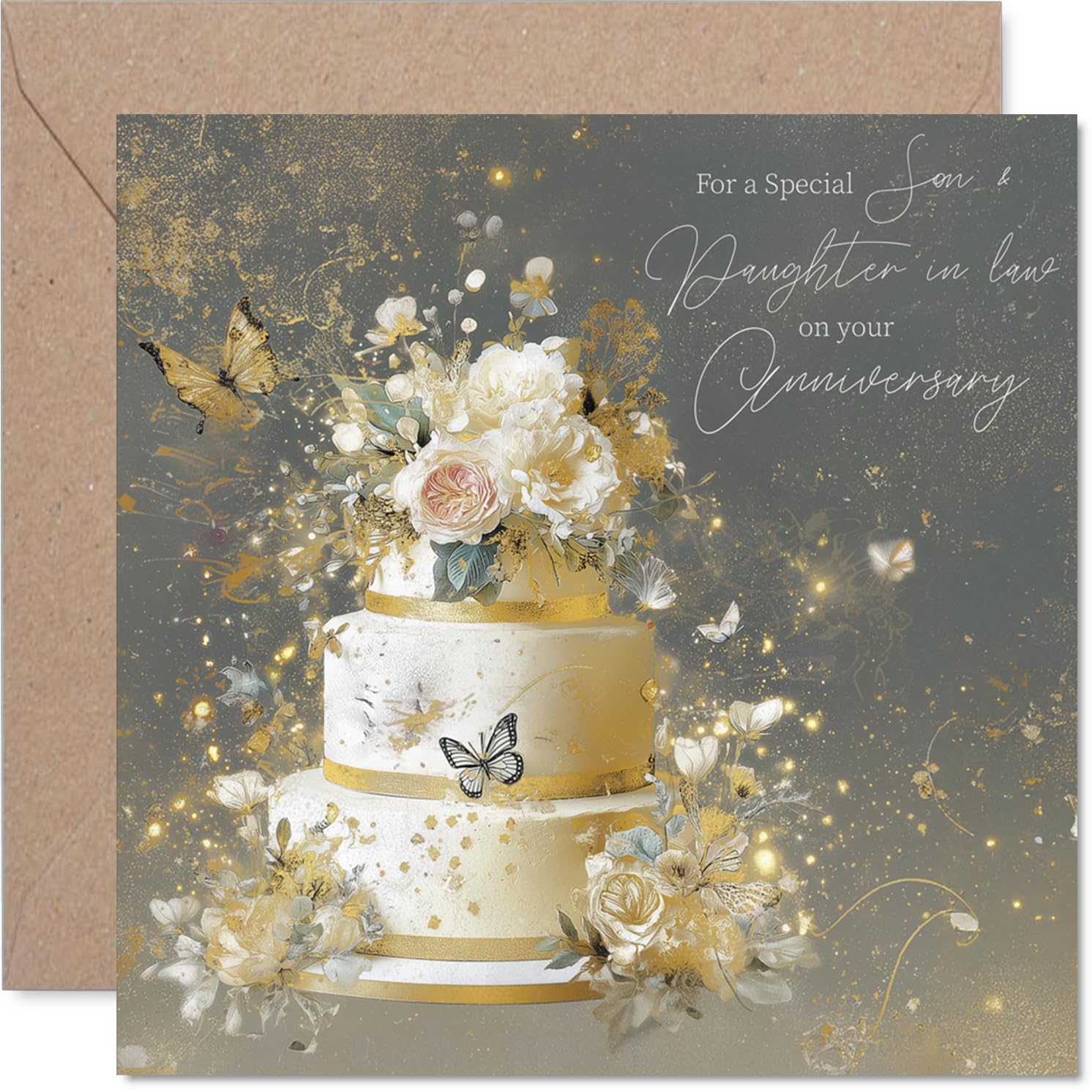 Gold Son & Daughter in Law Anniversary Card - Gold Cake - Happy Anniversary Card for Son & Daughter in Law from Dad Mum, 145mm Golden Wedding Anniversaries Greeting Cards