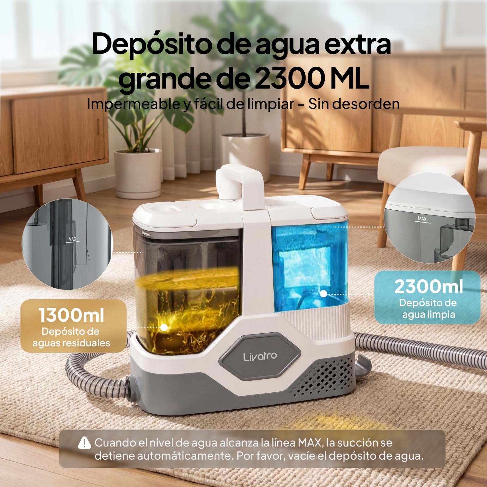 Livatro Aspiradora de Agua Tapicería, 600W 16kPa Limpiador de Tapicerías, 2,3L Depósito, Limpieza de Sofás con Función de Autolimpieza, Lava Aspiradora para Alfombras, Moquetas, Tapicería y Coche