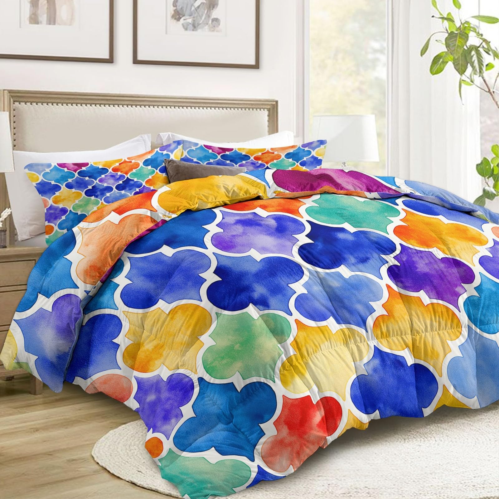 Wszystkie pory roku kołdra 160 x 200 cm czeska geometria mozaika luksusowa i miękka pikowana kołdra puchowa i pióra, oddychająca zmywalna w pralce, hipoalergiczna, dobry sen niebieski fioletowy