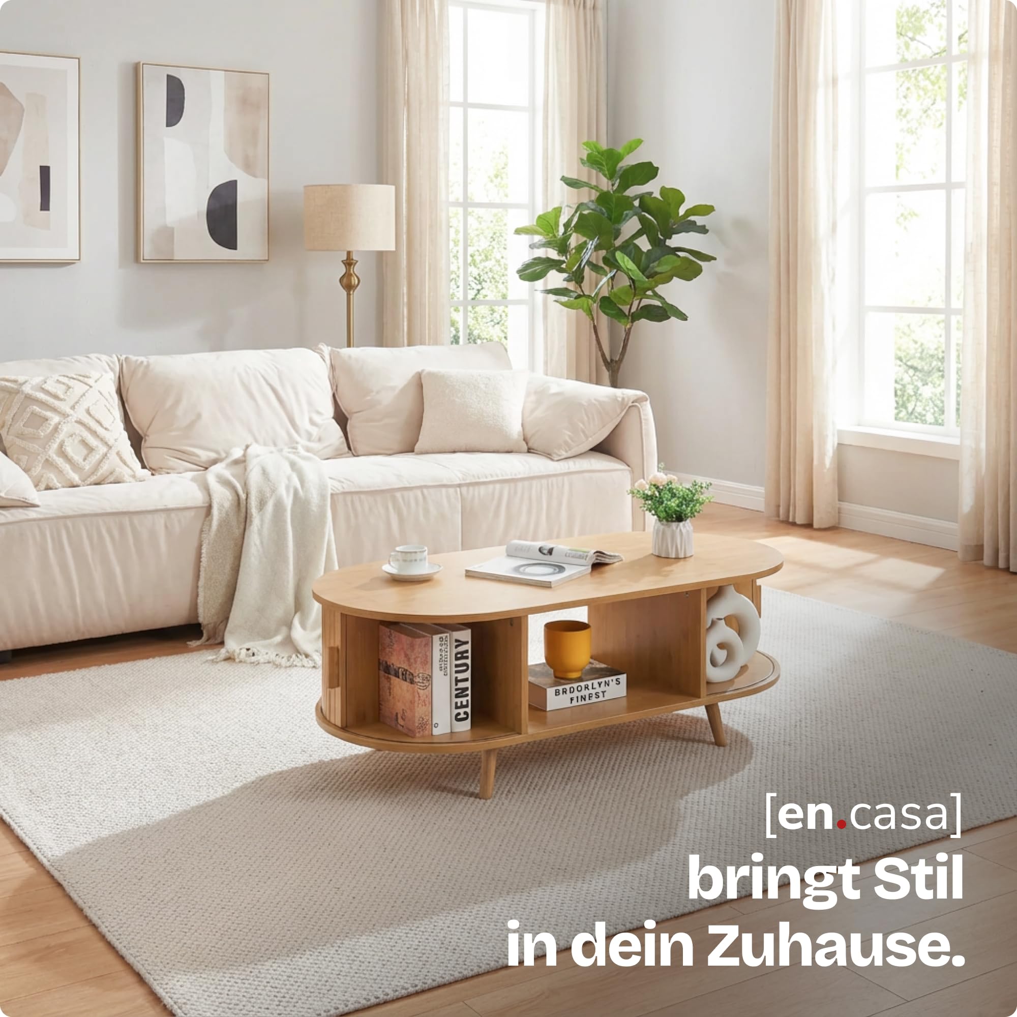 [en.casa] Couchtisch Nordkapp Wohnzimmertisch mit 2 Schiebetüren Bambus Sofatisch mit Stauraum Kaffeetisch Holzbeine 120 x 55 x 40 cm