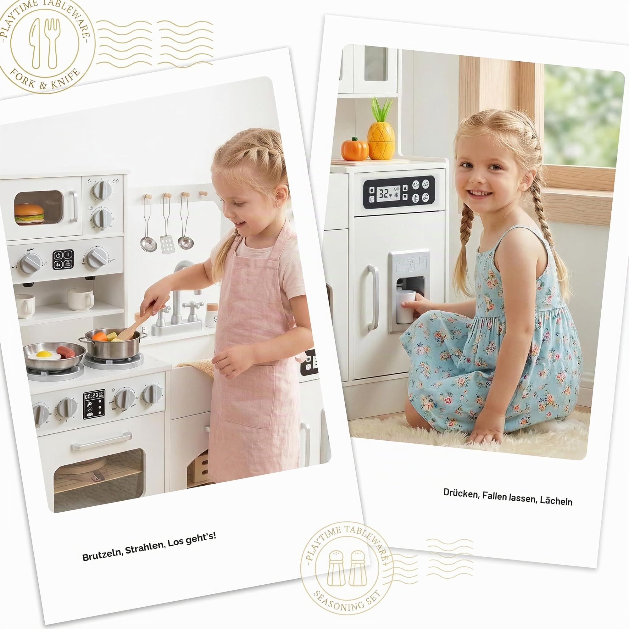 Holz-Spielküche für Kleinkinder & Kinder mit Licht & Sound, großes interaktives Rollenspiel-Küchenset mit Eiswürfelbereiter, Herd, Spüle & Backofen, 12 Zubehörteile – ab 3–8 Jahren