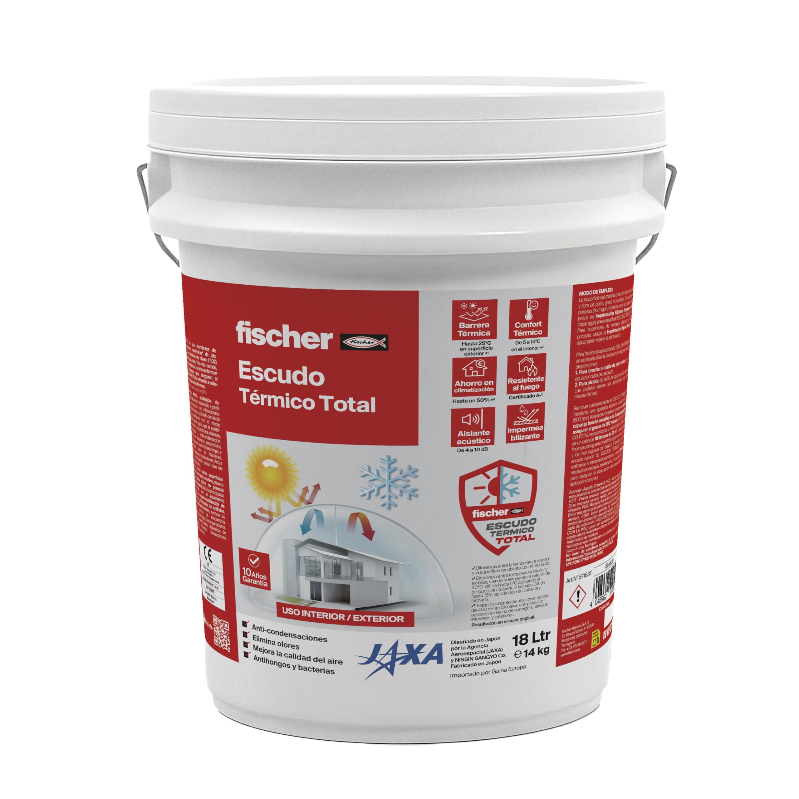 fischer - Escudo Térmico Total, Aislante Térmico Reflexivo Exterior e Interior | Impermeabilizante | Antihumedad | Anticondensación | Antimoho para Pared, Techo, Tejado, Fachada o Habitación (18 L)