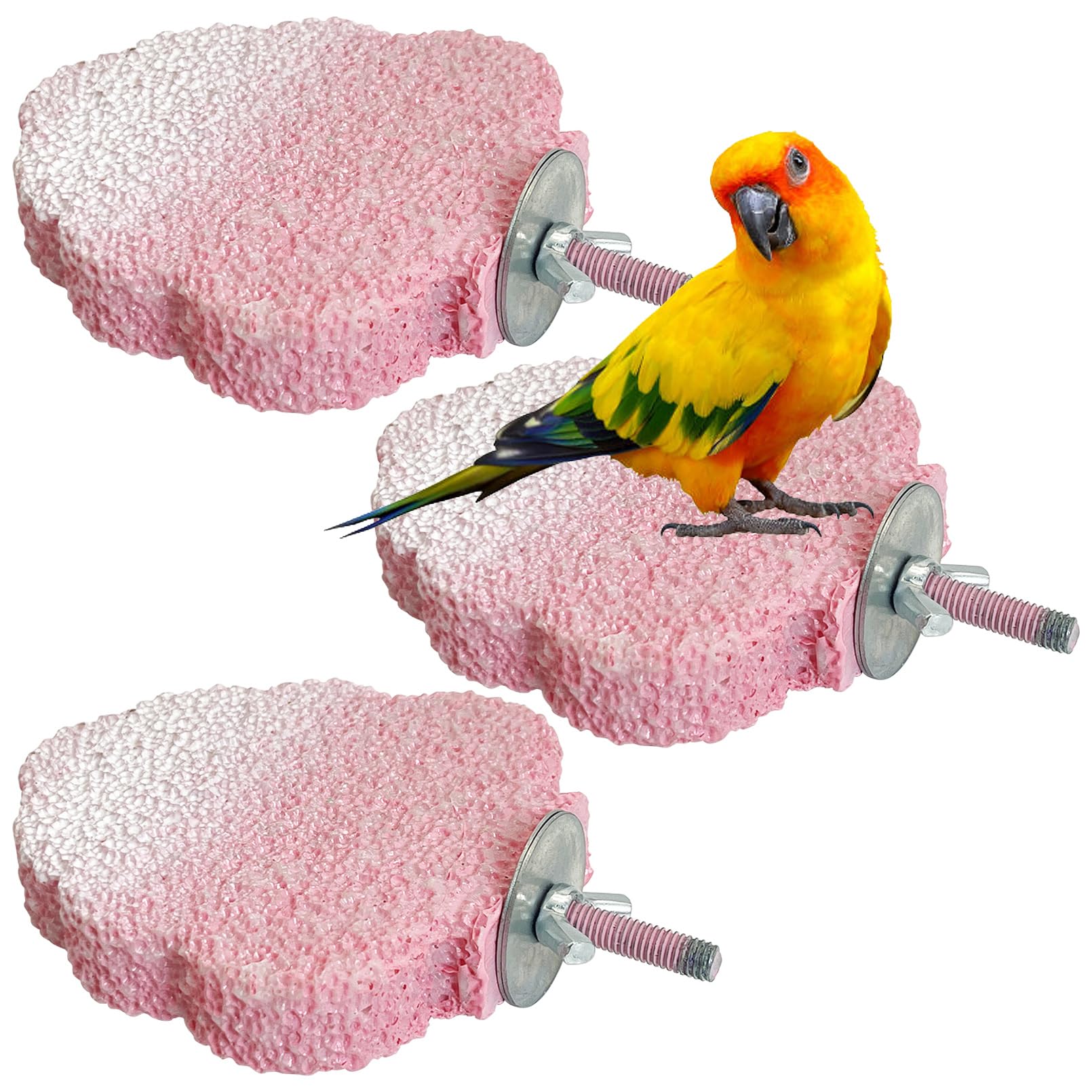 PINVNBY 3PCS Bird Beak Grinding Stone Resin Bird Perch Stand Grinding Claw Birds Cage Perch Parrot Climbing Chewing Toys Parakeet Cage Accessories for Budgies Cockatiels Conures(Pink)