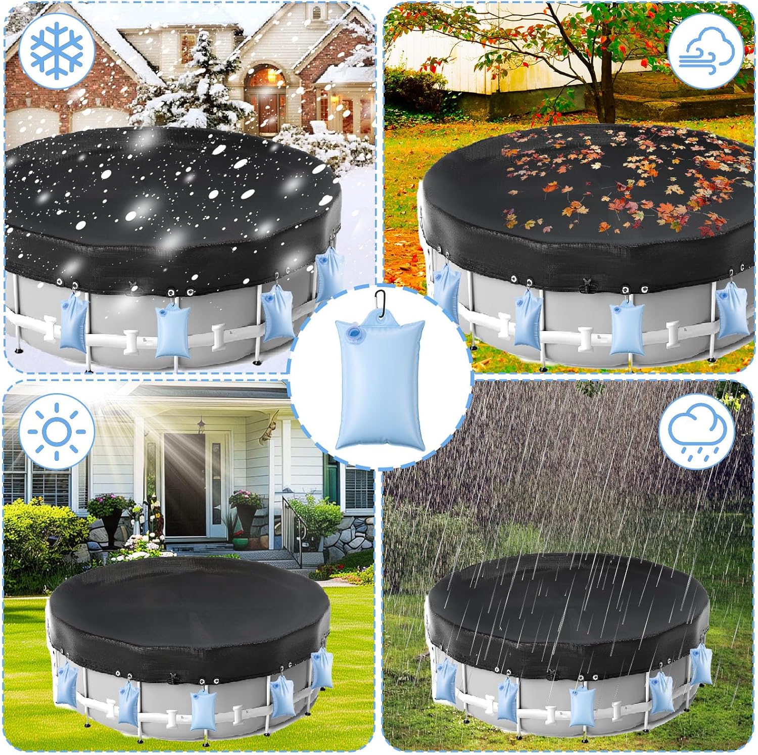 16 Pcs Pool Cover Weights with Hooks, Leakproof Swimming Pool Cover Hanging Bag, Heavy Duty Thick PVC Winter Pool Water Bags for Above Ground Pools(Light Blue)