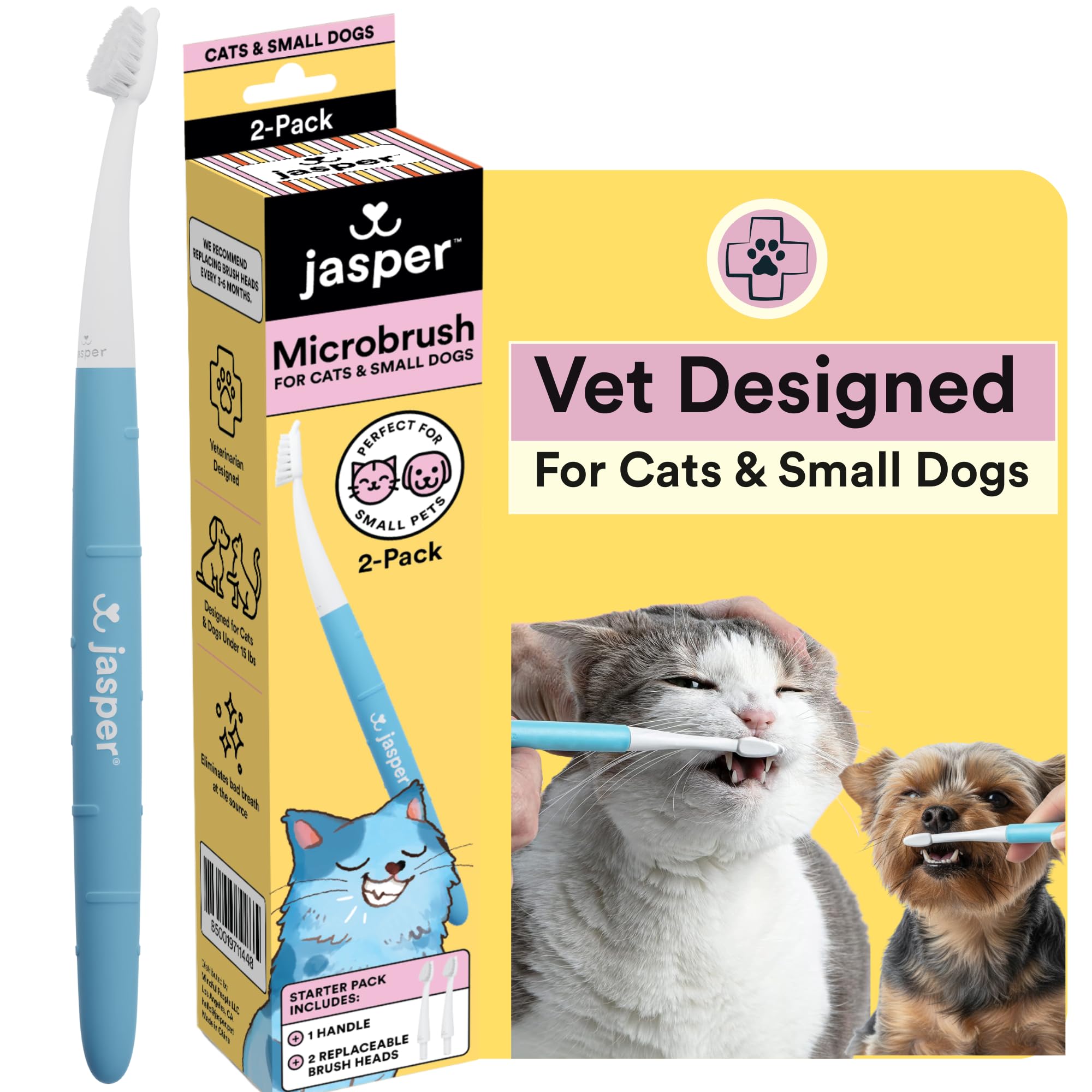 Jasper Microbrush Vet Approved Cat Toothbrush, Soft-Bristled Toothbrush Kit for Felines & Small Dogs, Non-Slip Handle with 2 Replaceable Tooth Brush Heads, Use with Cat Toothpaste