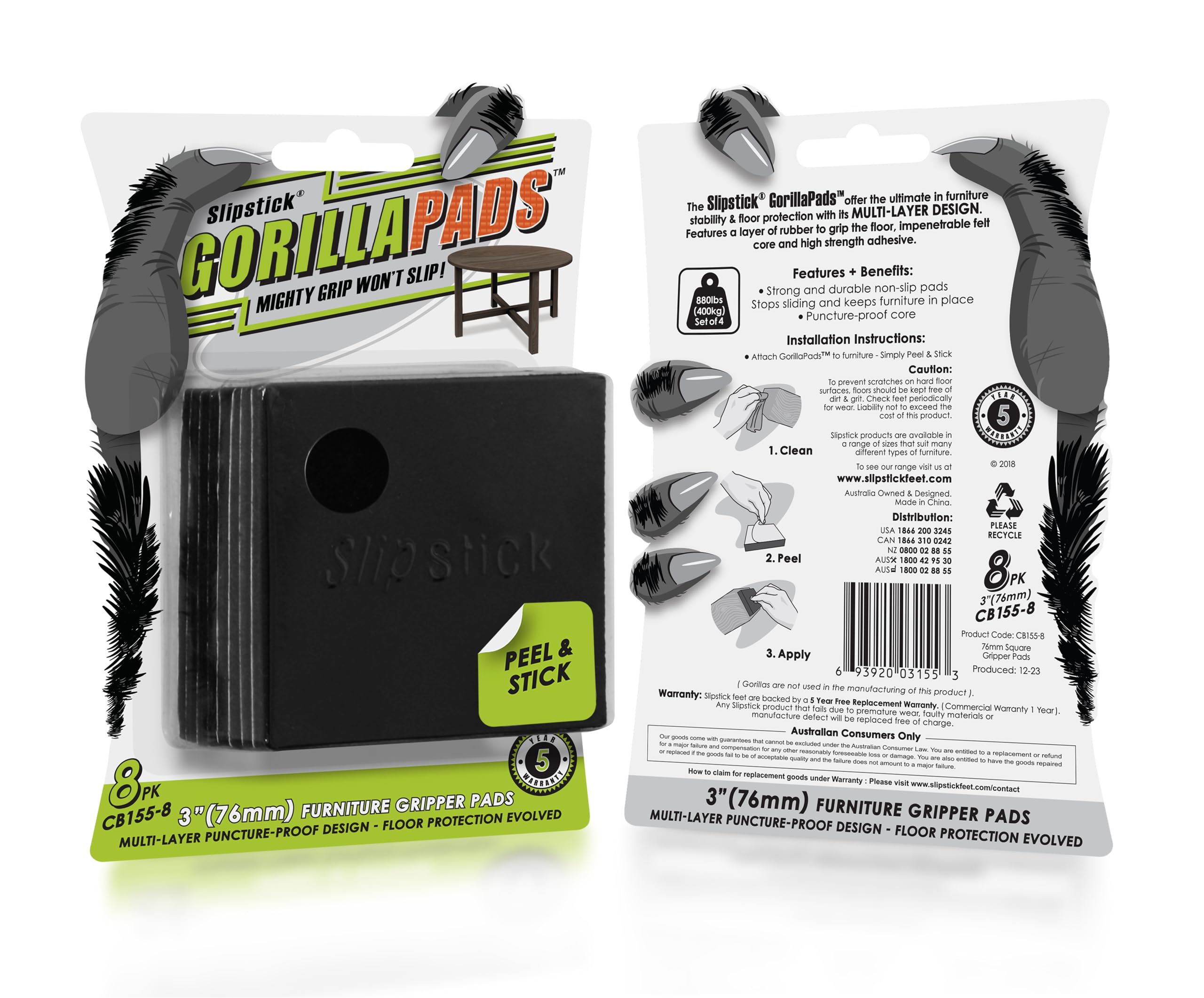 Slipstick GorillaPads CB155-8 - Almohadillas antideslizantes para muebles (juego de 8) tapones de goma autoadhesivos cuadrados de 3 pulgadas para patas de muebles, negro, CB155-8