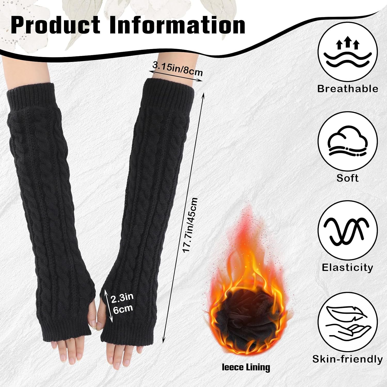 Suhine 2 Pairs Women Fleece Lined Arm Warmers, Cable Knit Long Fingerless Gloves Arm Sleeve Cute Warm Gloves for Winter
