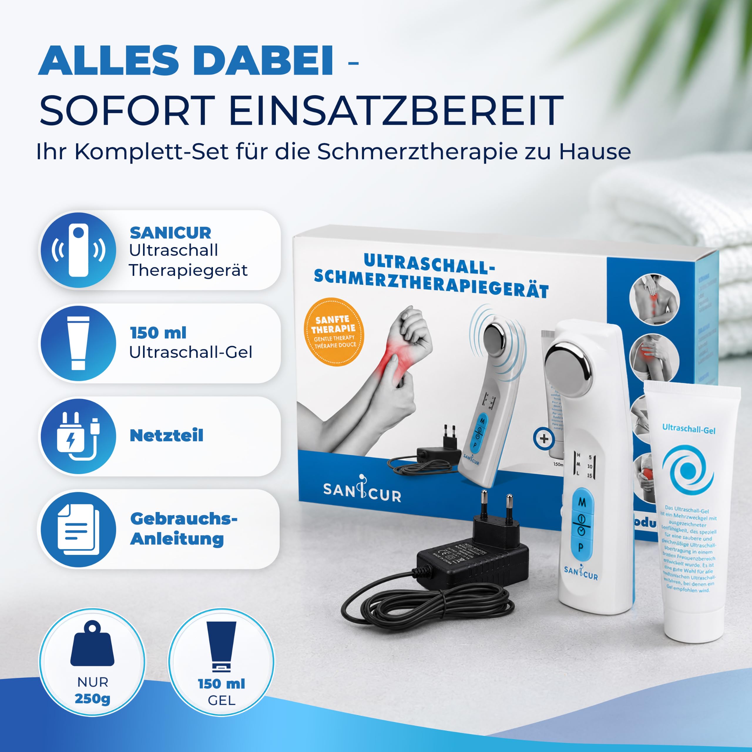 Ultraschallgerät für Zuhause - Zertifiziertes Medizinprodukt Klasse IIa - Ultraschallgerät Schmerztherapie bei Arthrose, Muskel- & Gelenkschmerzen - 1 MHz, inkl. 150ml Ultraschallgel