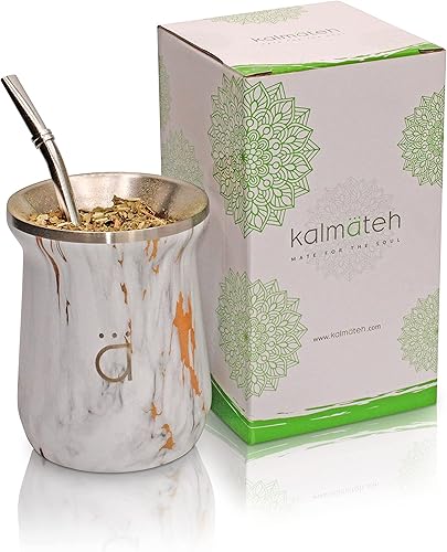 Kalmateh New Yerba Mate Gourd - Vaso mate de acero inoxidable 188 de doble pared - Incluye pajita Bombilla y un cepillo de limpieza, 10 onzas