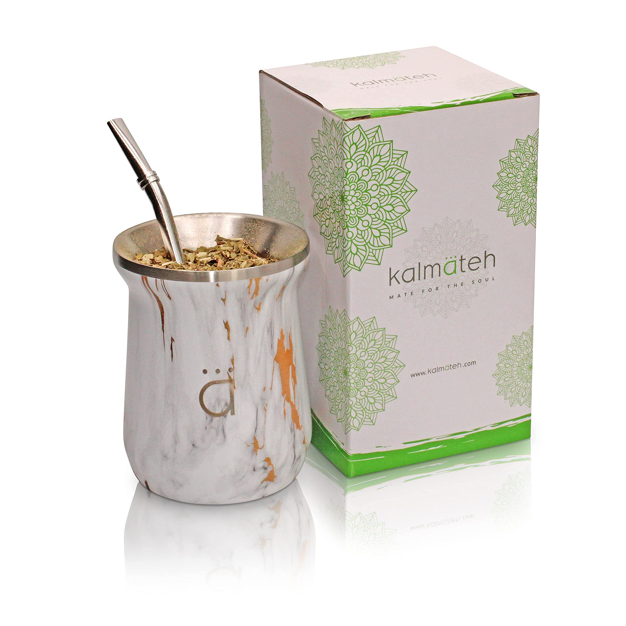 KalmatehNew Yerba Mate Gourd - Double Walled 18/8 Stainless Steel Mate Cup- Includes Bombilla Straw and a Cleaning Brush-10oz (Gold Marble)