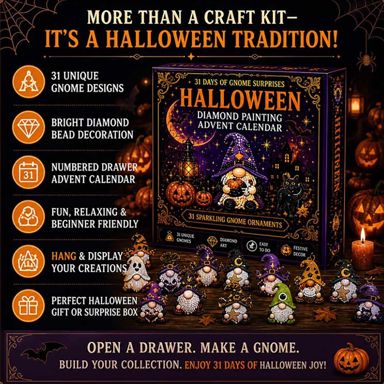 Diamond Painting Adventskalender mit Halloween Wichteln (2pc) | DIY Bastelset für Wichtel Diamond Paintings mit 31 Wichtel Anhängern – Halloween Deko zum Aufhängen für Erwachsene