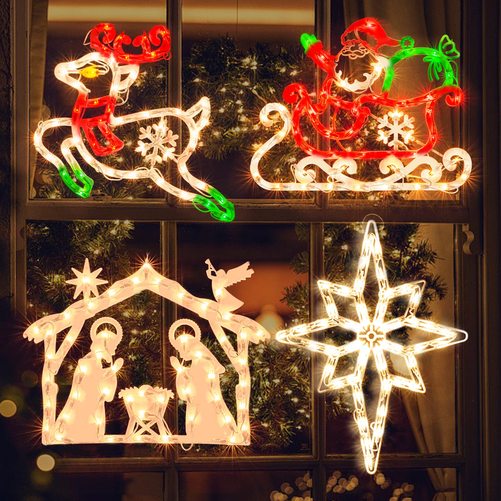 GLOWNOVA 200L19'' 4 Pack Christmas Window Silhouette Lights Decorations, Window Lighted Reindeer x1,Santa and Sleigh x1,Nativity x1,Bethlehem Star x1 for Home Indoor Wall, Patio Lawn