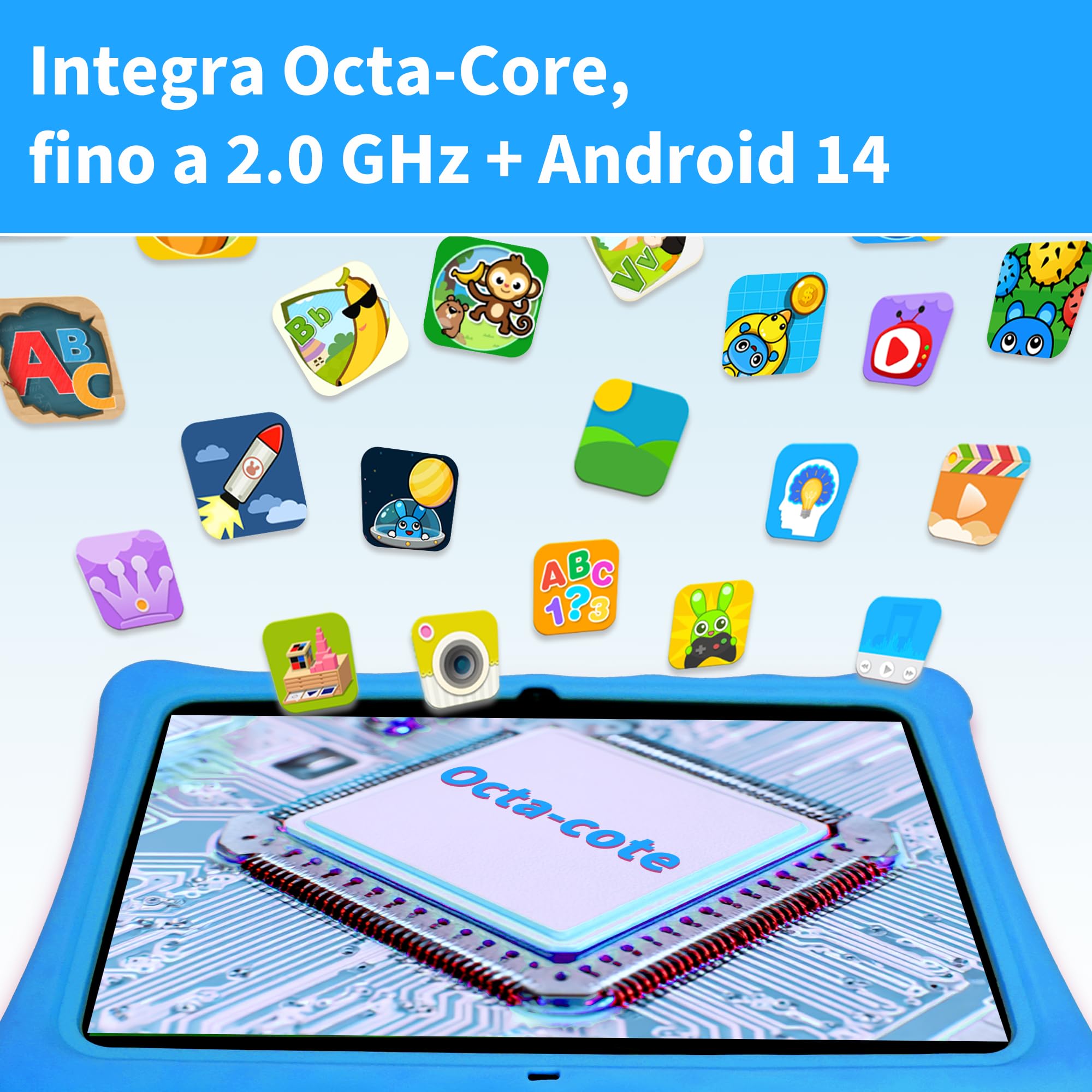Veidoo Tablet per bambini, schermo IPS da 10,1 pollici, 7 GB (3 + 4) RAM 64 GB ROM, 512 GB espandibile, doppia fotocamera, WiFi 6, tablet Octa-Core Parental Control con custodia protettiva in silicone
