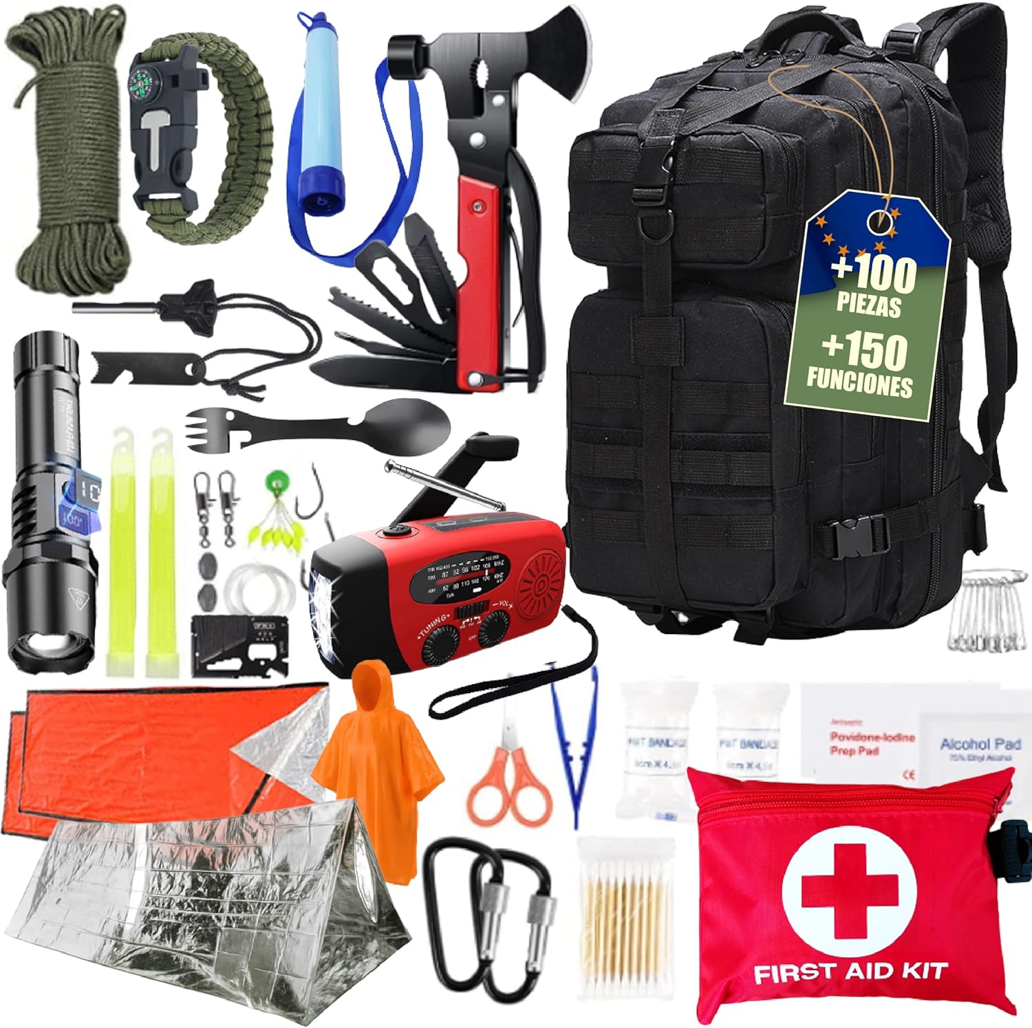 Kit Supervivencia, Mochila Supervivencia 72 Horas con Hacha Supervivencia, Kit de Primeros Auxilios, botiquín de Primeros Auxilios, Radio Solar de Emergencia con manivela.