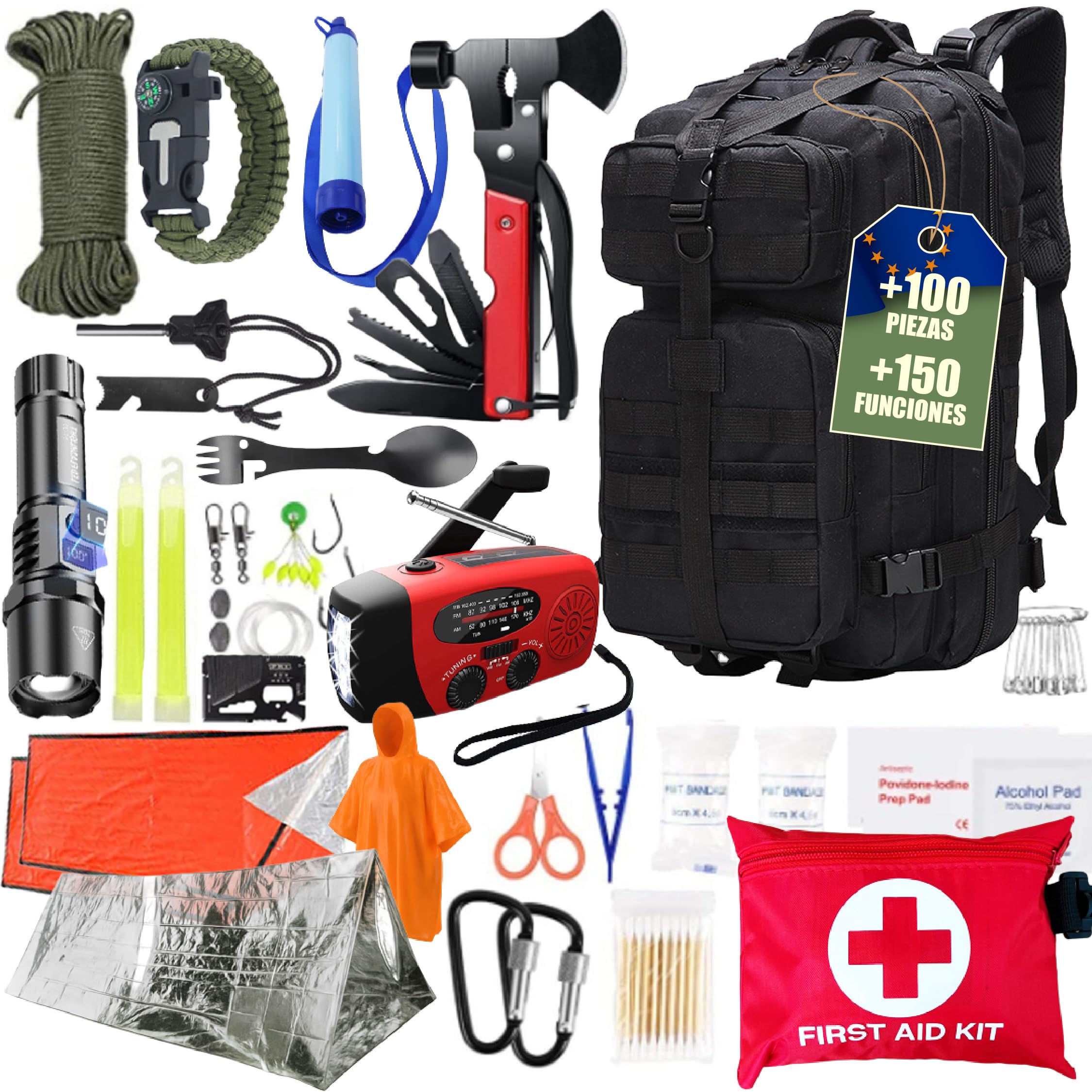 Kit Supervivencia, Mochila Supervivencia 72 Horas con Hacha Supervivencia, Kit de Primeros Auxilios, botiquín de Primeros Auxilios, Radio Solar de Emergencia con manivela.