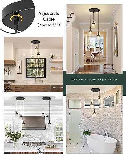 Miniatura 4 de LMS Accesorios colgantes negros de 3 luces, lámpara colgante de cocina ajustable, luces colgantes de racimo, LMS-188