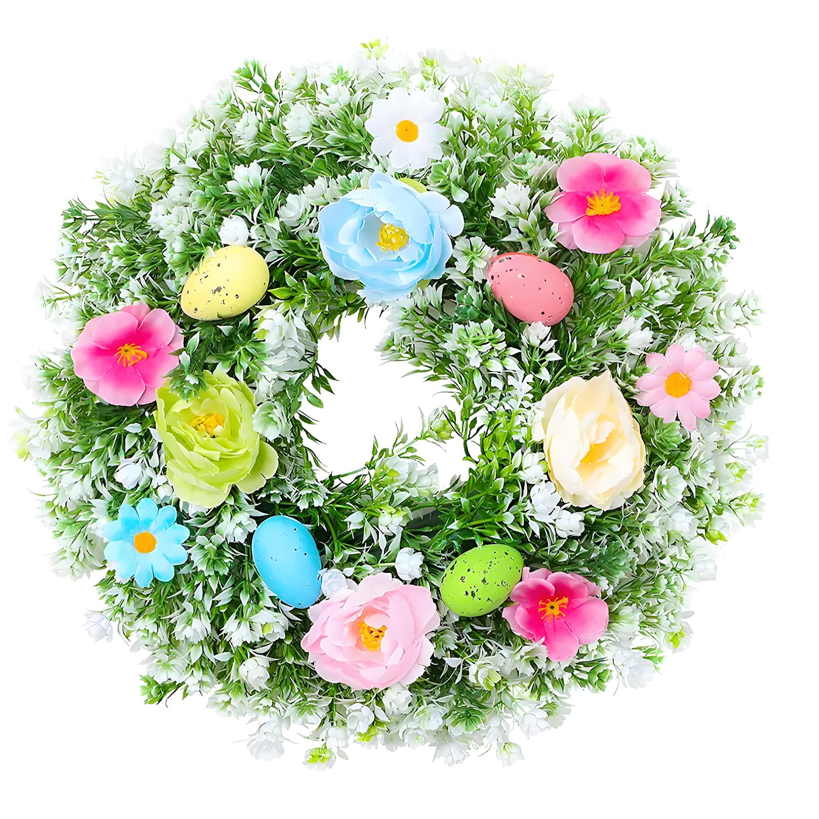 HZBB 35Cm Easter Wreath with Faux Eggs and Flower for Holiday Decoration Indoor Outdoors Use Garlands Door Ornament Large Spring Wreath with Eggs