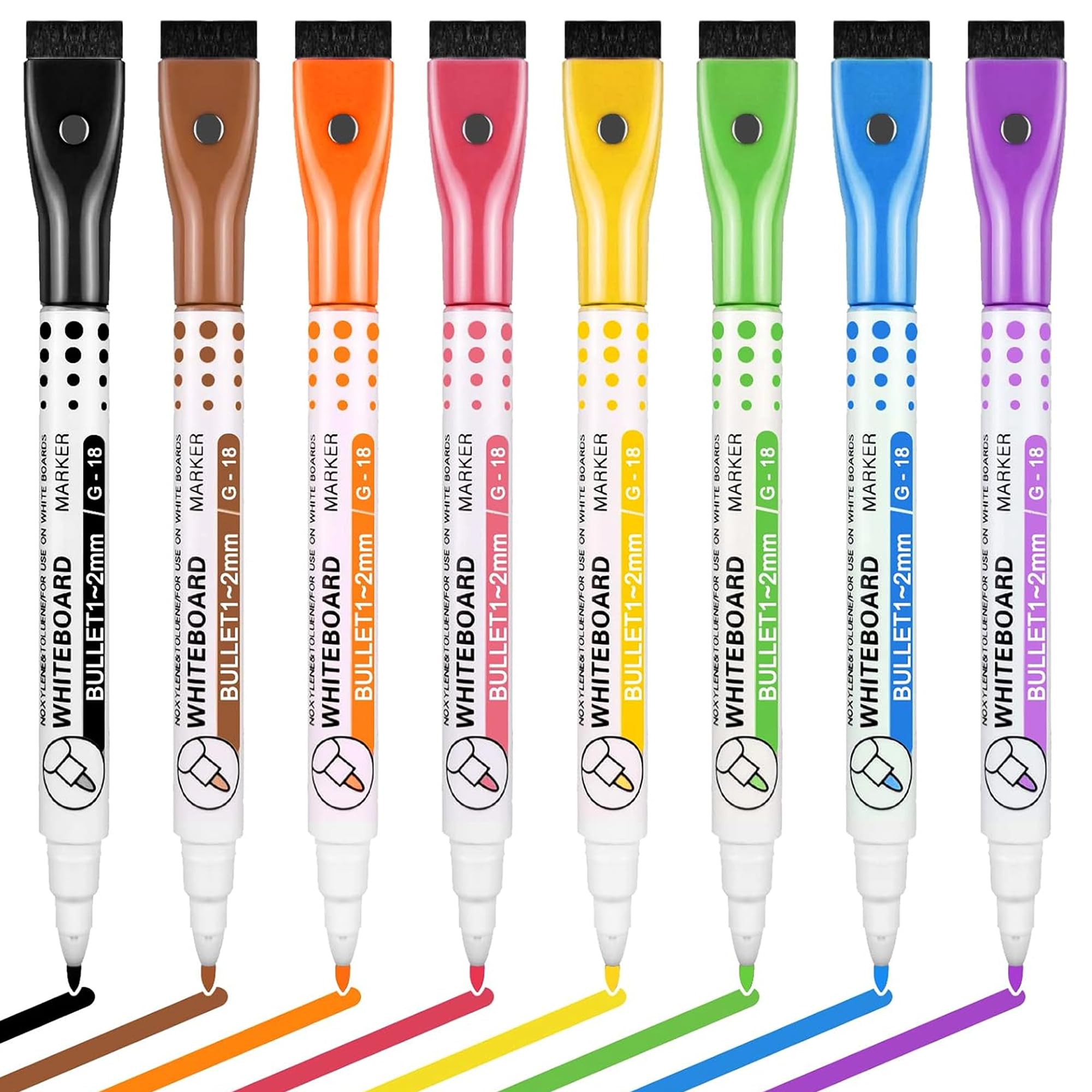 GLUN® Multicolour Whiteboard Markers Pens, Pack of 8 Dry Erase Markers with Eraser on Cap, Magnetic Washable Markers for White Board