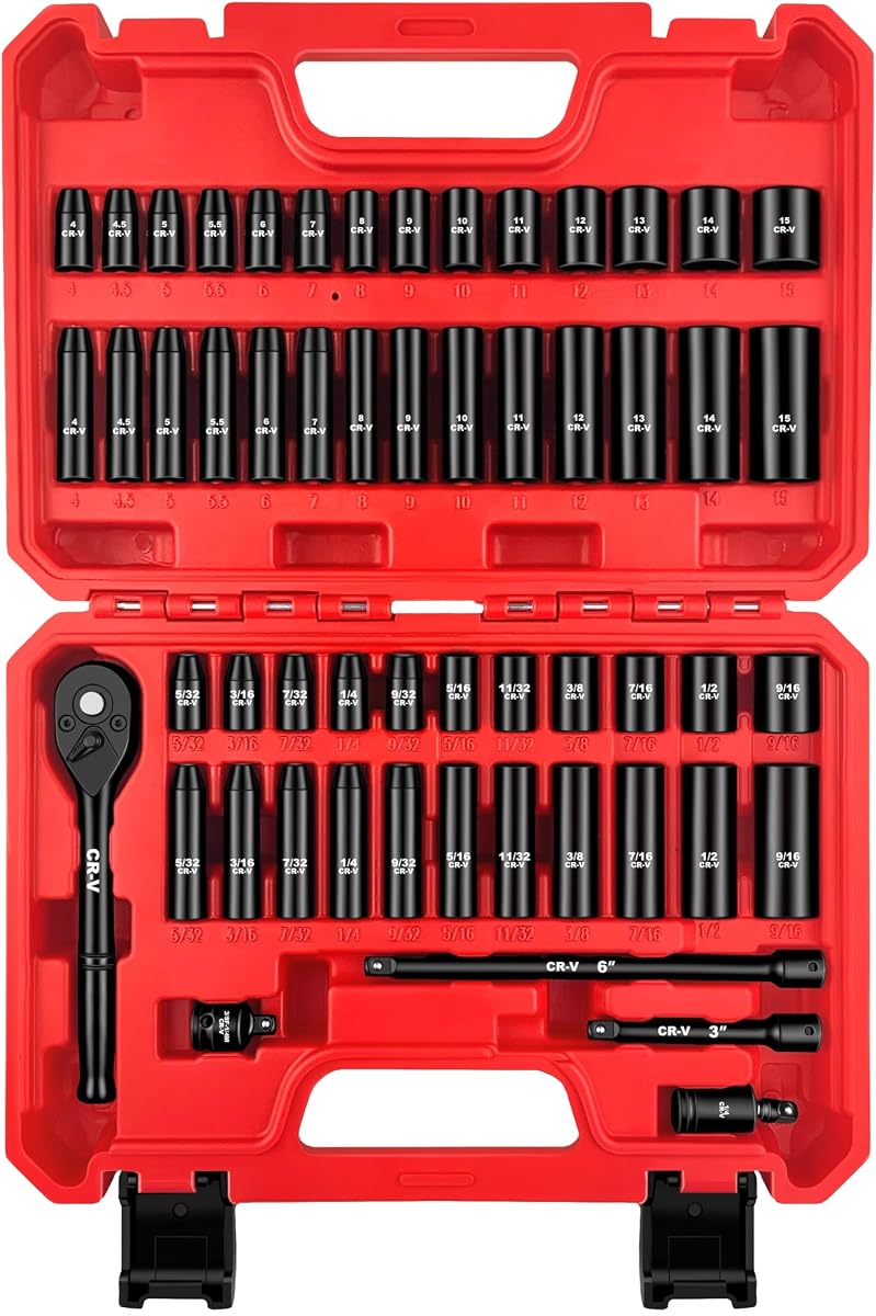 55-Piece 1/4" Drive Impact Socket Set, SAE/Metric, Deep/Shallow, Cr-V Steel, 6 Point, (5/32"-9/16", 4-15mm) Sockets with Ratchet Handle, Extension bar, Adapter and Universal Joint
