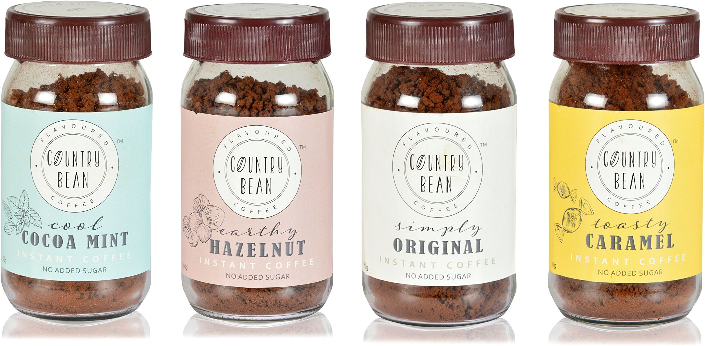 Country Bean Instant Coffee Powder | Original | Hazelnut | Caramel | Cocoa Mint Flavours Combo Pack of 4 X 60 g