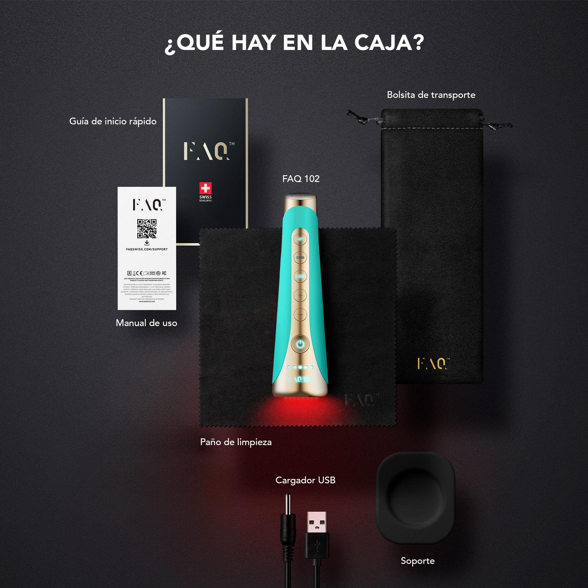 FOREO FAQ 102 Topaz, Radiofrecuencia Facial Profesional, EMS, RF y 8 Luces LED- Luz Roja Terapia, Antiedad, Masajeador Facial T-Sonic, Cuidado Facial Mujer, Luz Infrarroja