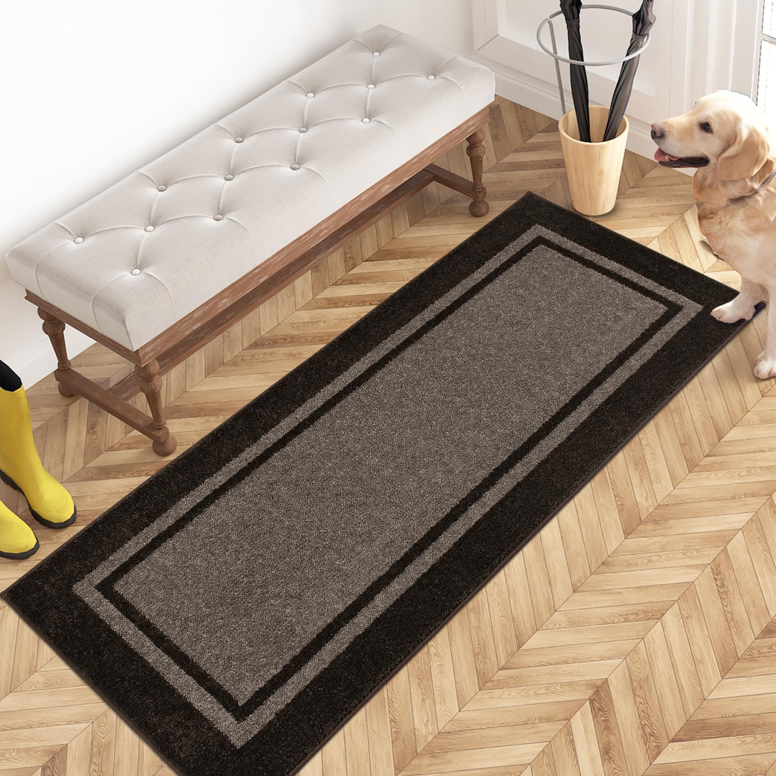 PURRUGS Dirt Trapper Door Mat 24" x 60", Non-Slip/Skid Machine Washable Entryway Rug, Shoes Scraper, Area Rug, Super Absorbent Welcome Mat for Muddy Wet Shoes and Paws, Grayish Brown & Coffee