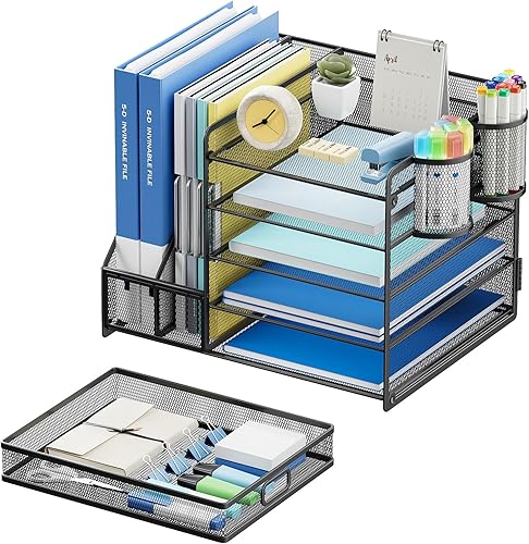 Miniatura 9 de Lavatino Organizador de escritorio con soporte para archivos, organizador de bandeja de papel de 5 niveles con cajón deslizante y 2 soportes para