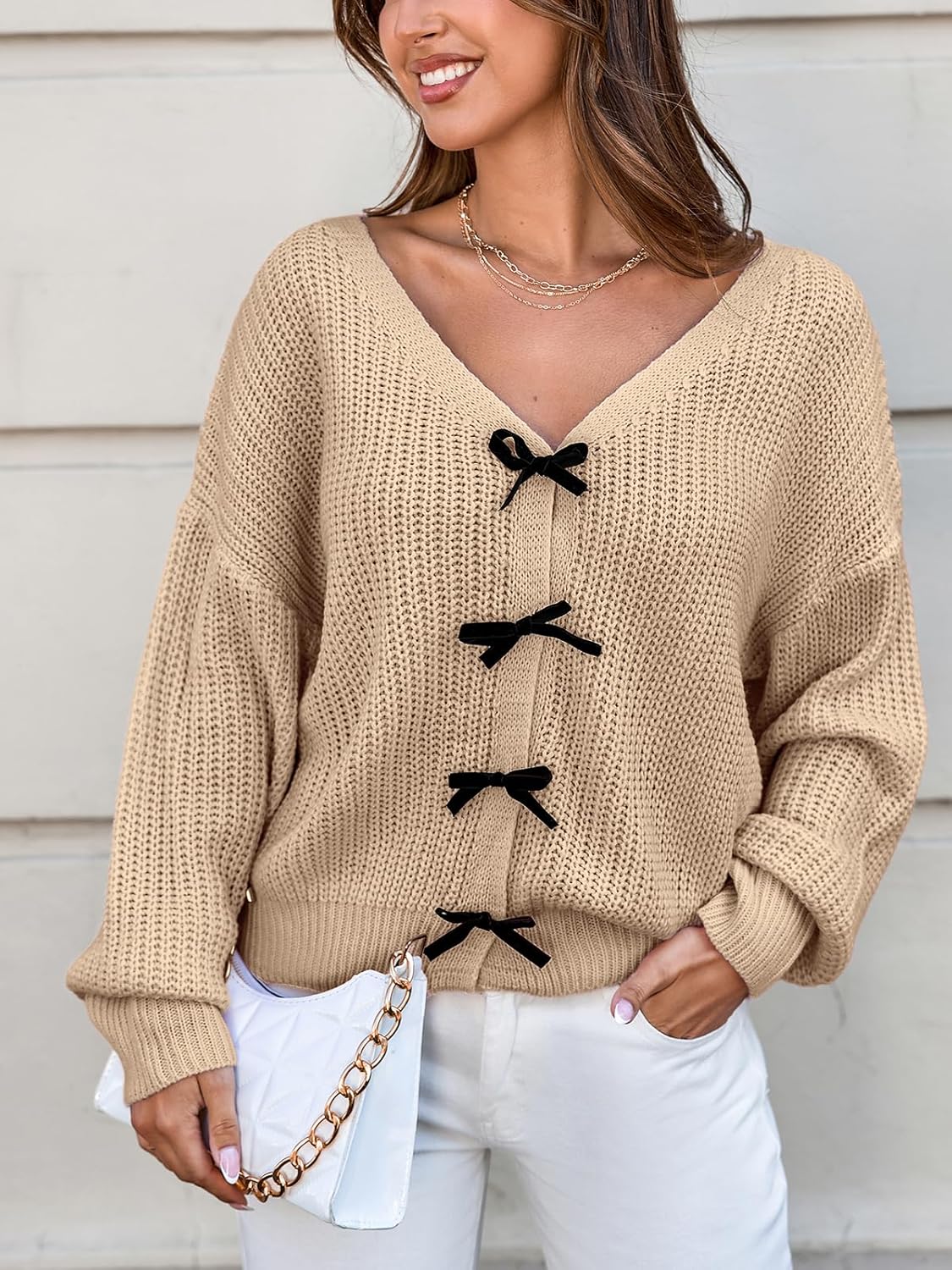 CUPSHE Womens Sweaters Bow Sweater Neck Casual Long Sleeve Lightweight Crochet Pullover Sweater Tops - Image 2