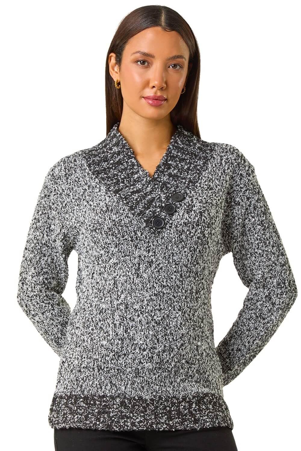 Roman Jumper for Women UK - Ladies Button Detail Embellished Tunic Sweater V-Neck Overlap Autumn Winter Smart Office Work Wear Casual Warm Cosy Pullover Day - Charcoal - Size 16
