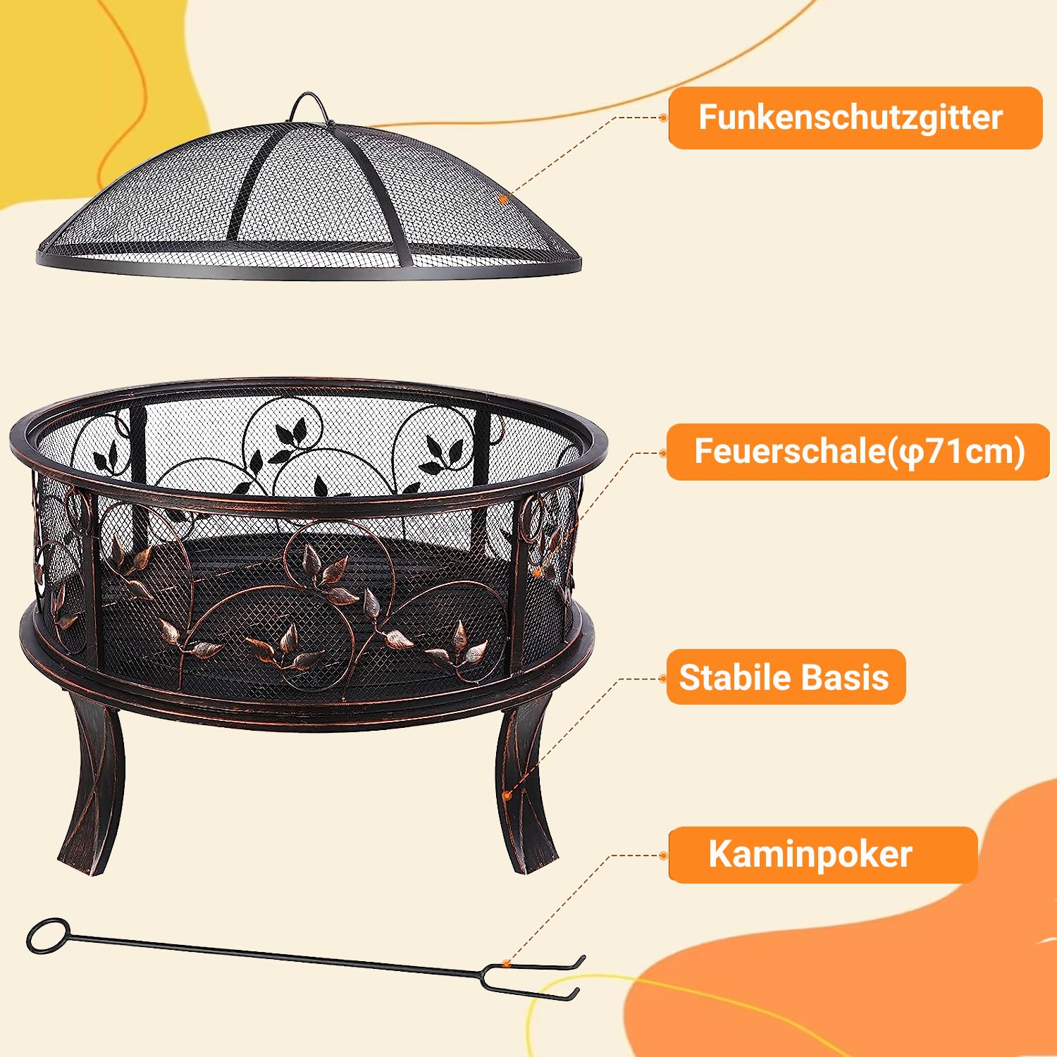 TLGREEN Feuerschalen, Feuerschale mit Funkenschutz, Feuerkorb Ø71x65cm | Feuerkorb Retro-Look mit Poker & Kohlerost & 4PCS Füße, Feuerstelle für Garten, Camping, Strand, Exquisites Blumen Grasmuster