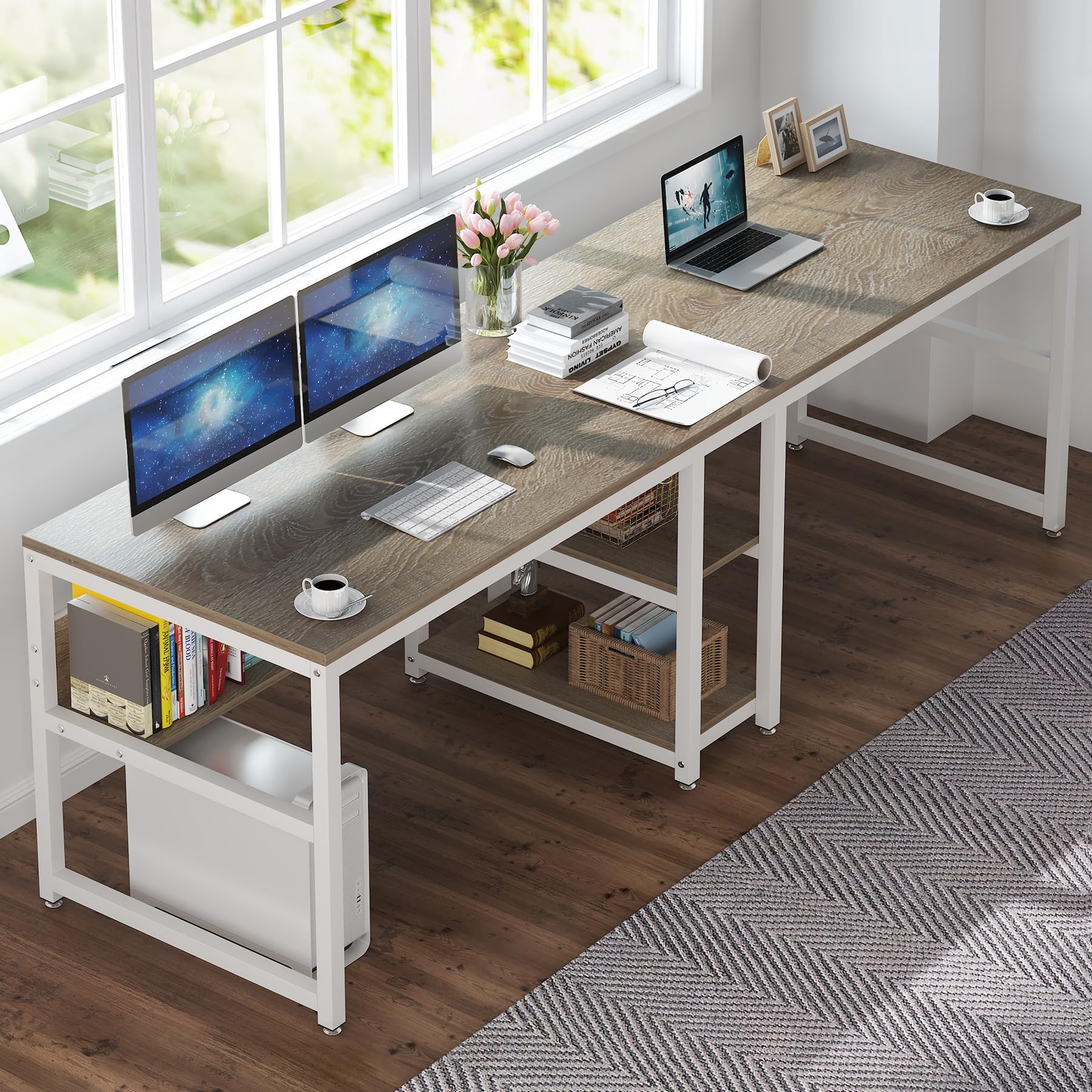 Tribesigns Two Person Desk with Bookshelf, 78.7 Computer Office Double Desk for Two Person, Rustic Writing Desk Workstation with Shelf for Home Office (Gray/White)