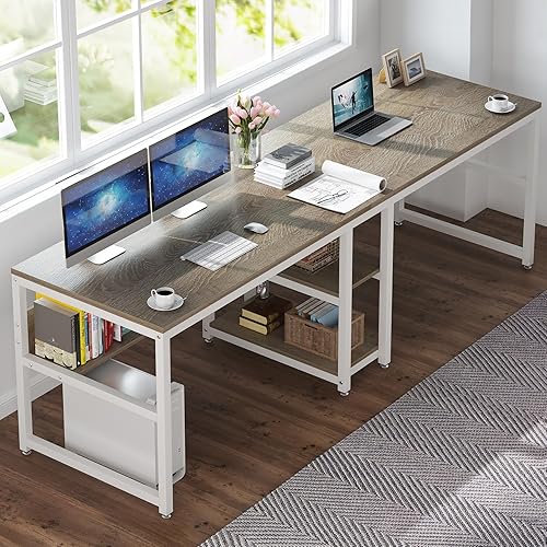 Tribesigns Escritorio para dos personas con estantería, escritorio doble de oficina y computadora de 78.7 pulgadas para dos personas, escritorio
