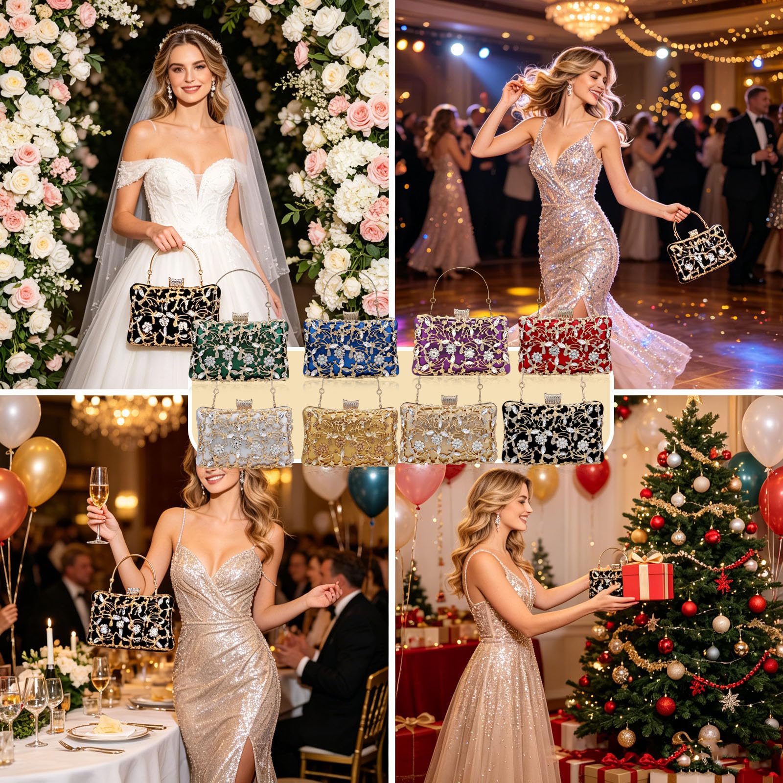 Bolso de mano vintage para mujer, bolso de noche de lujo con estrás y cristal, elegante bolso de mano con asa y cadena de metal con purpurina, bolso de hombro para bodas, fiestas, bailes gala