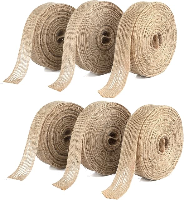 jijAcraft 6 Rolls Jute Craft Ribbon Burlap Ribbons, Gift Ribbon, 60M Rustic Hessian Ribbon(2cm)