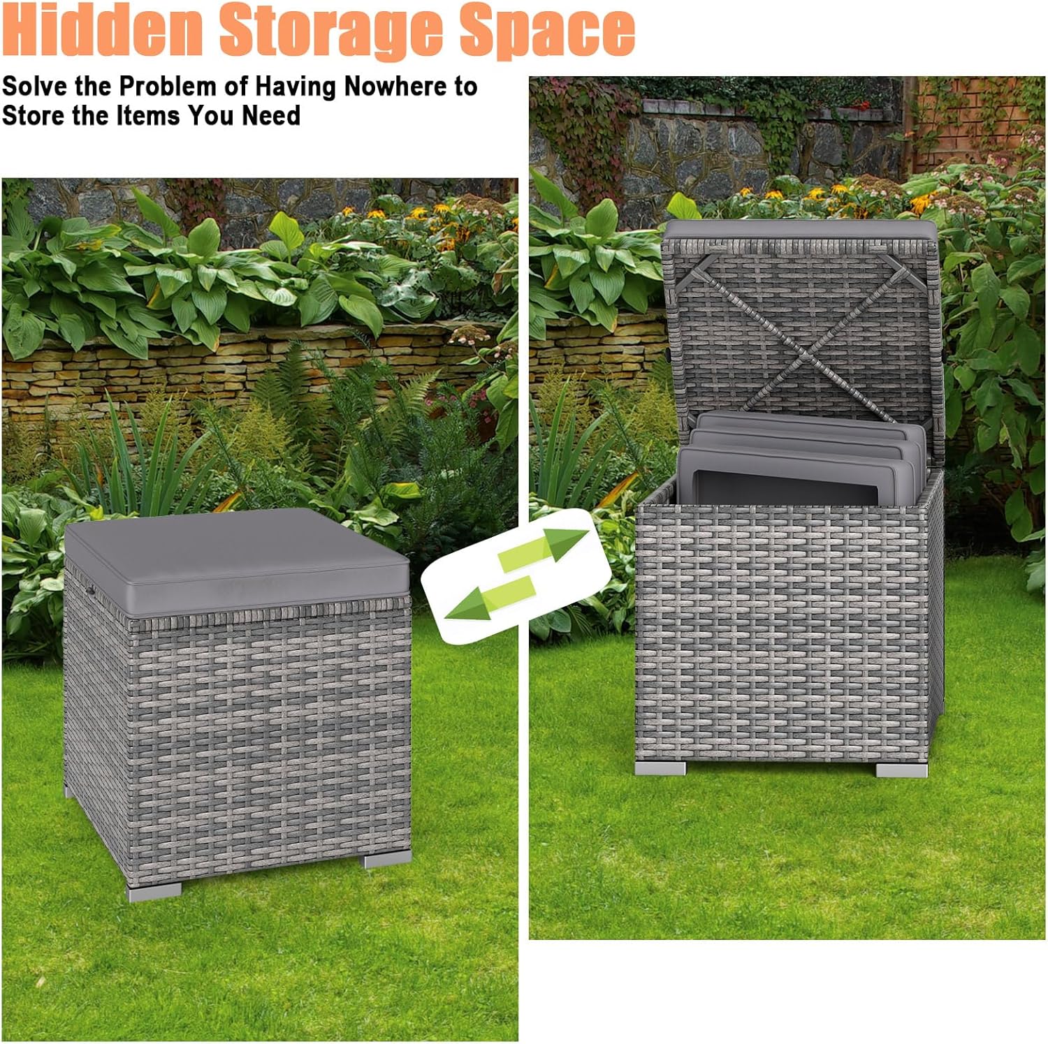 RELAX4LIFE Wicker Outdoor Storage Ottoman - 2-Piece Rattan Footstool w/Removable Cushion, Multipurpose Footrest Foot Stool Seating, Set of 2 Outdoor Ottomans for Patio Deck (Mix Grey-Grey)