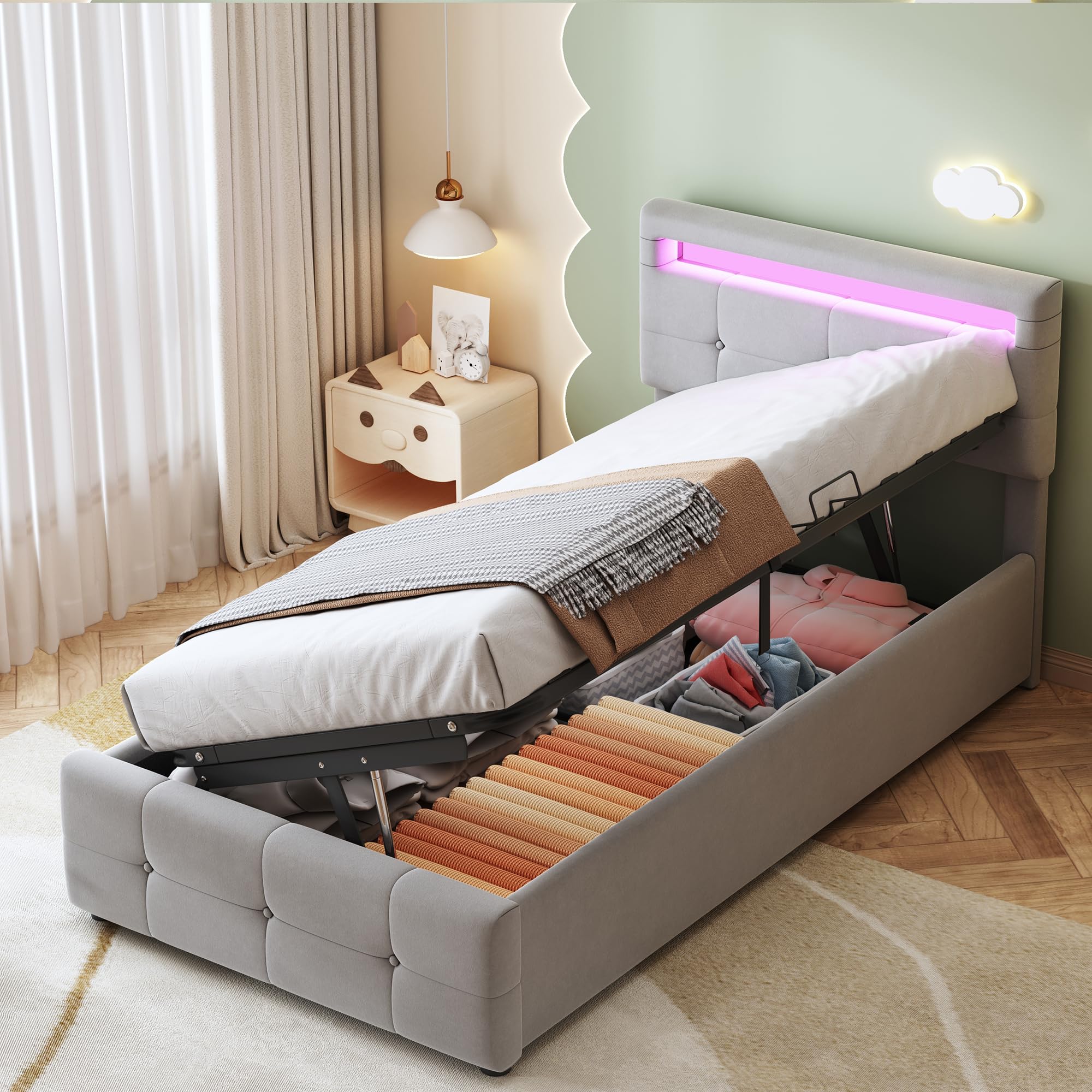 Gegtuon Letto Imbottito 90x200 cm con Illuminazione LED per Bambini, Letto Singolo con Idraulico Contenitore e Testata, Struttura Letto con Rete a Doghe per Ragazzi, senza Materasso, Velluto (Grigio)