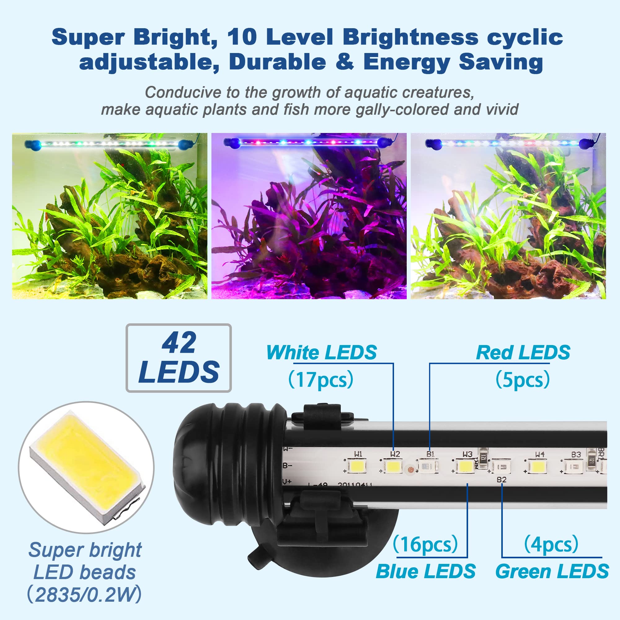 Oświetlenie LED do akwarium – lampa RGB (białe światło) z wbudowanym timerem, możliwość ściemniania, 10 poziomów jasności, IP67, wodoszczelna, do zbiorników ryb i roślin, L-39C