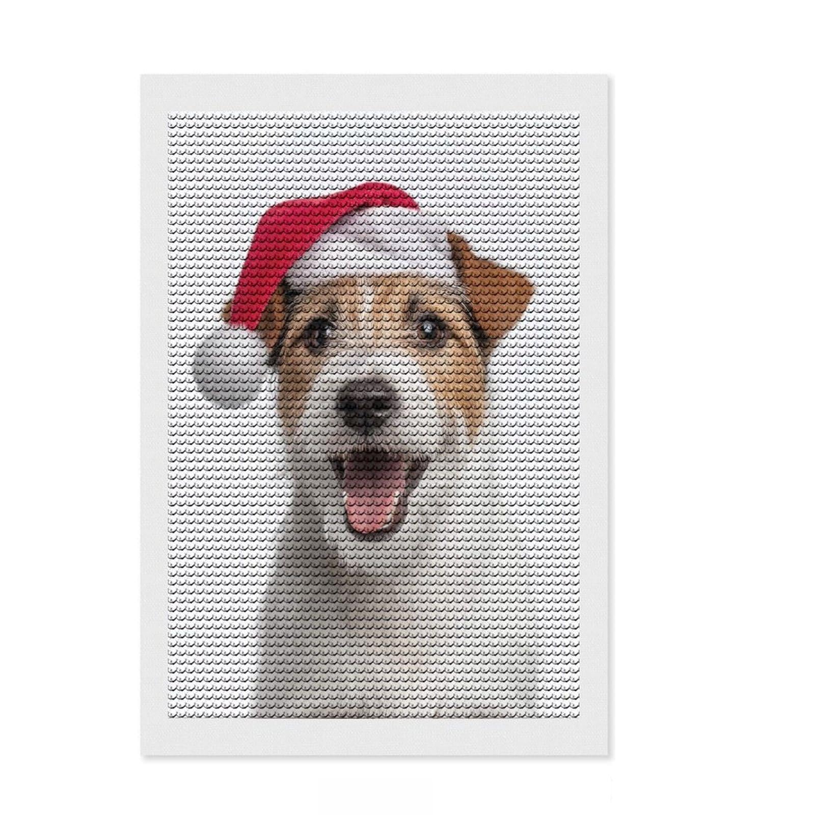 Junmoney Happy Parson Russell Terrier Dog with Santa Hat Full Drill Diamond Painting Kit 8"x12", for Adults, Pleasing Wall Art Project, Bedroom Decor, Festive Craft Gift
