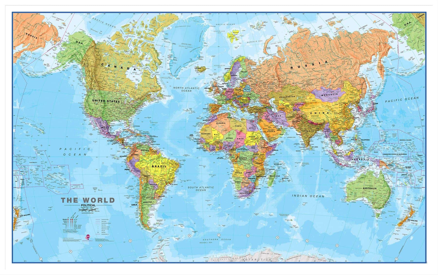 World Large Political Wall Map Wood Frame - White