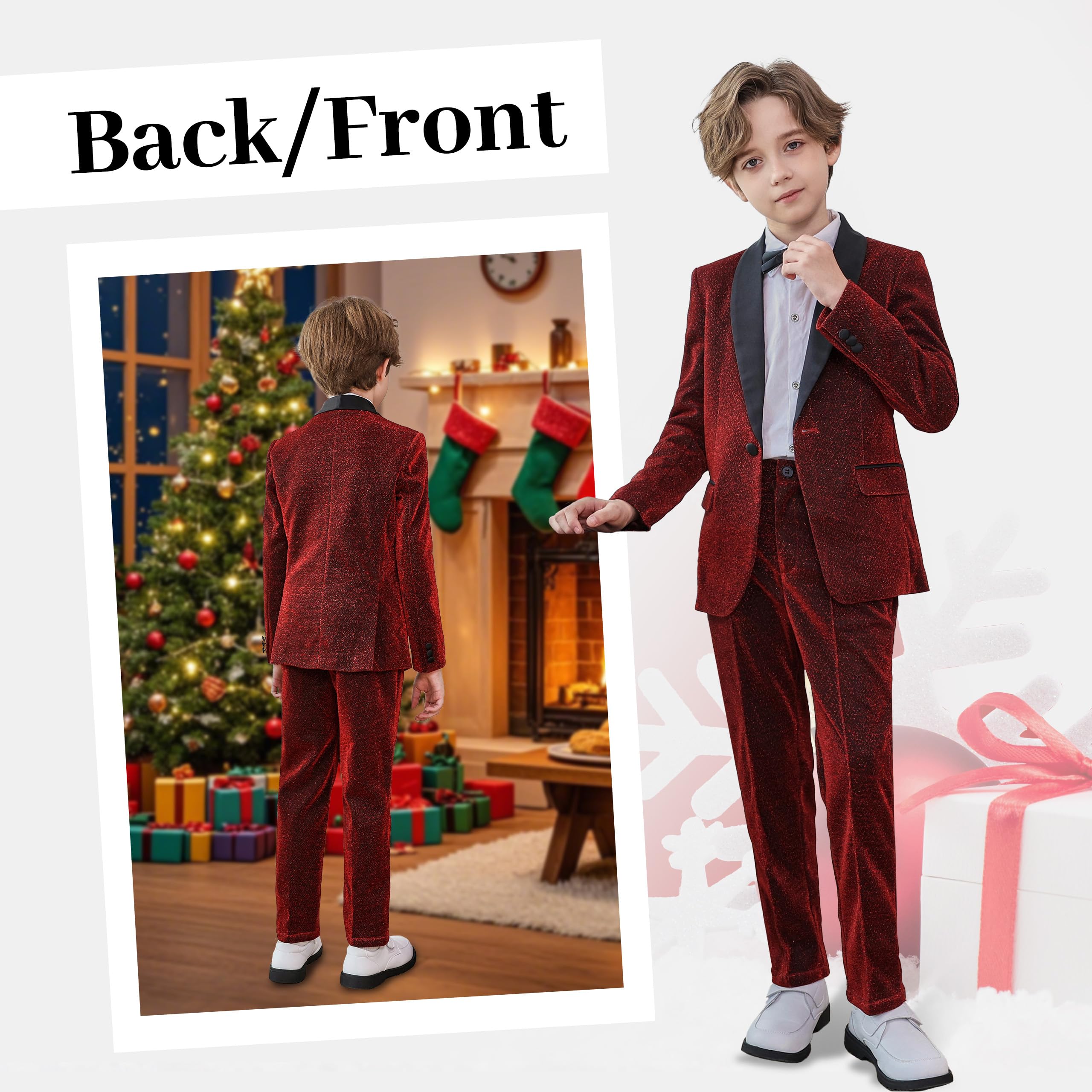 LOLANTA Traje de 4 Piezas para Niño, Set Smoking para Niños, Traje Brillante para Fiesta o Prom, Traje de PAJE para Boda con Blazer, Pantalones, Camisa y Pajarita